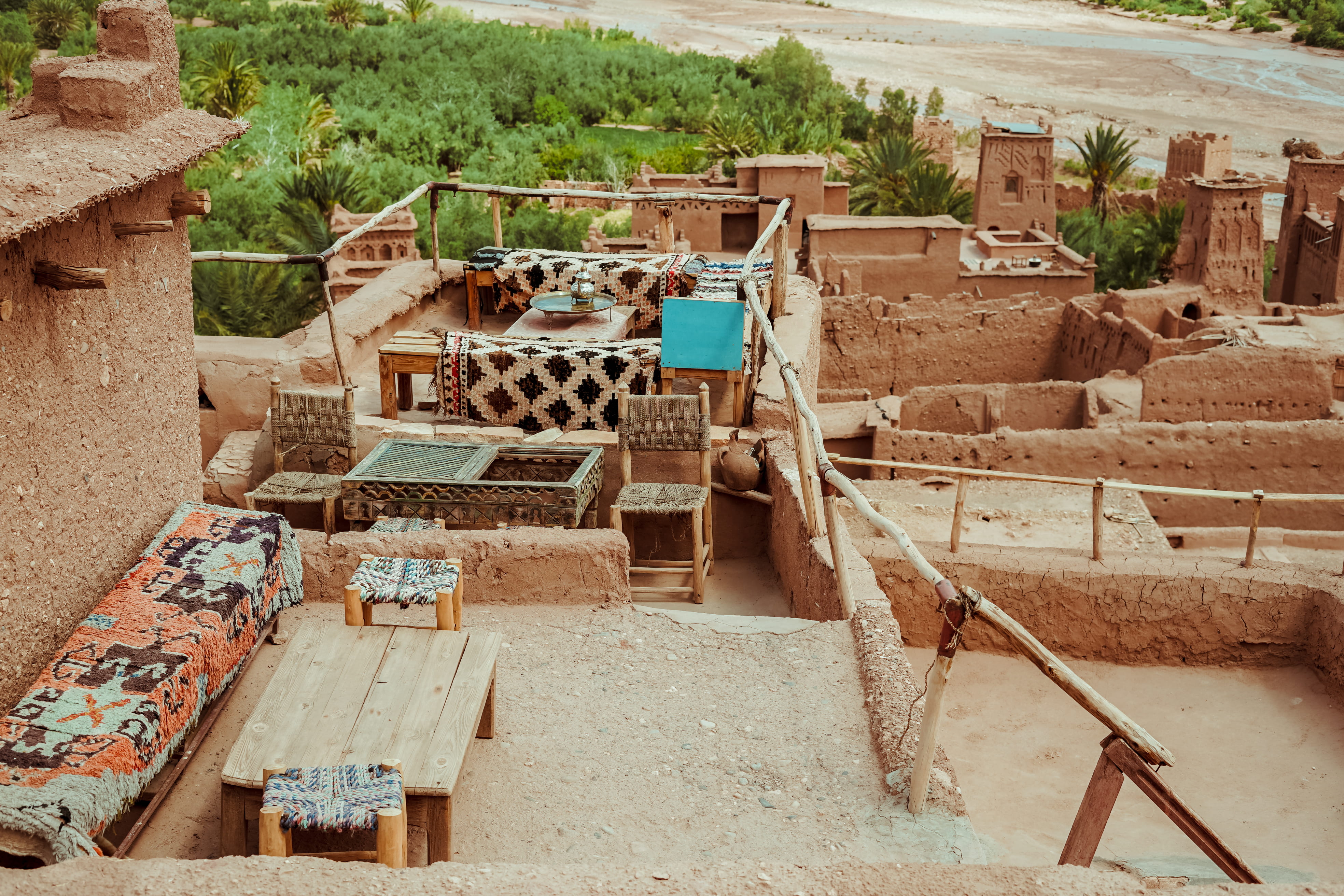 clay, structure, wooden, wooden bench, home, railing, old, wall, furnitures, cultural, abandoned, 4K, sunlight, nature, placed, mud, brown, tree, morocco, HD Wallpaper