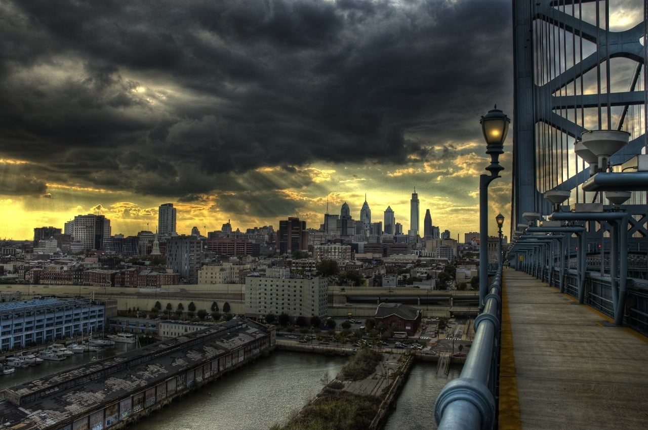 bridge - man made structure, clouds, sunset, daytime, city, building, no people, built structure, cloud - sky, bridge, sky, office building exterior, storm cloud, HD Wallpaper