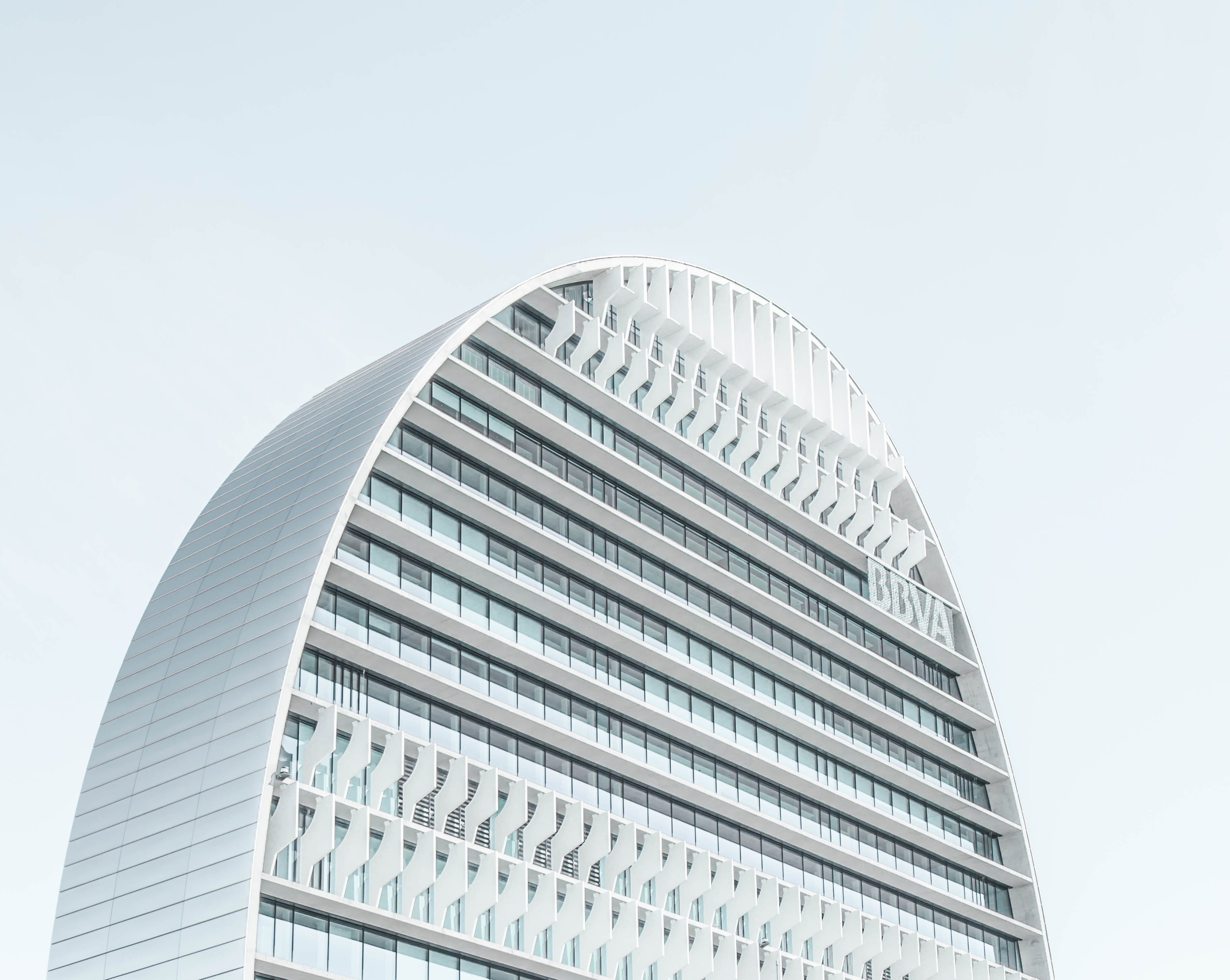 skyscraper, building, lines, daytime, 2K, nature, sunny, built structure, office, bbva, concrete, government, day, clear sky, pale, low angle view, bank, HD Wallpaper