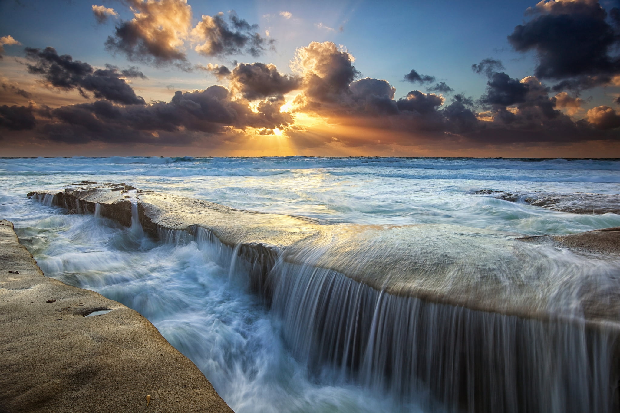cloudscape, sand, scenics, wave, idyllic, cloud - Sky, 1080P, landscape, sun, beach, tropical Climate, power in nature, summer, sunrise - Dawn, HD Wallpaper