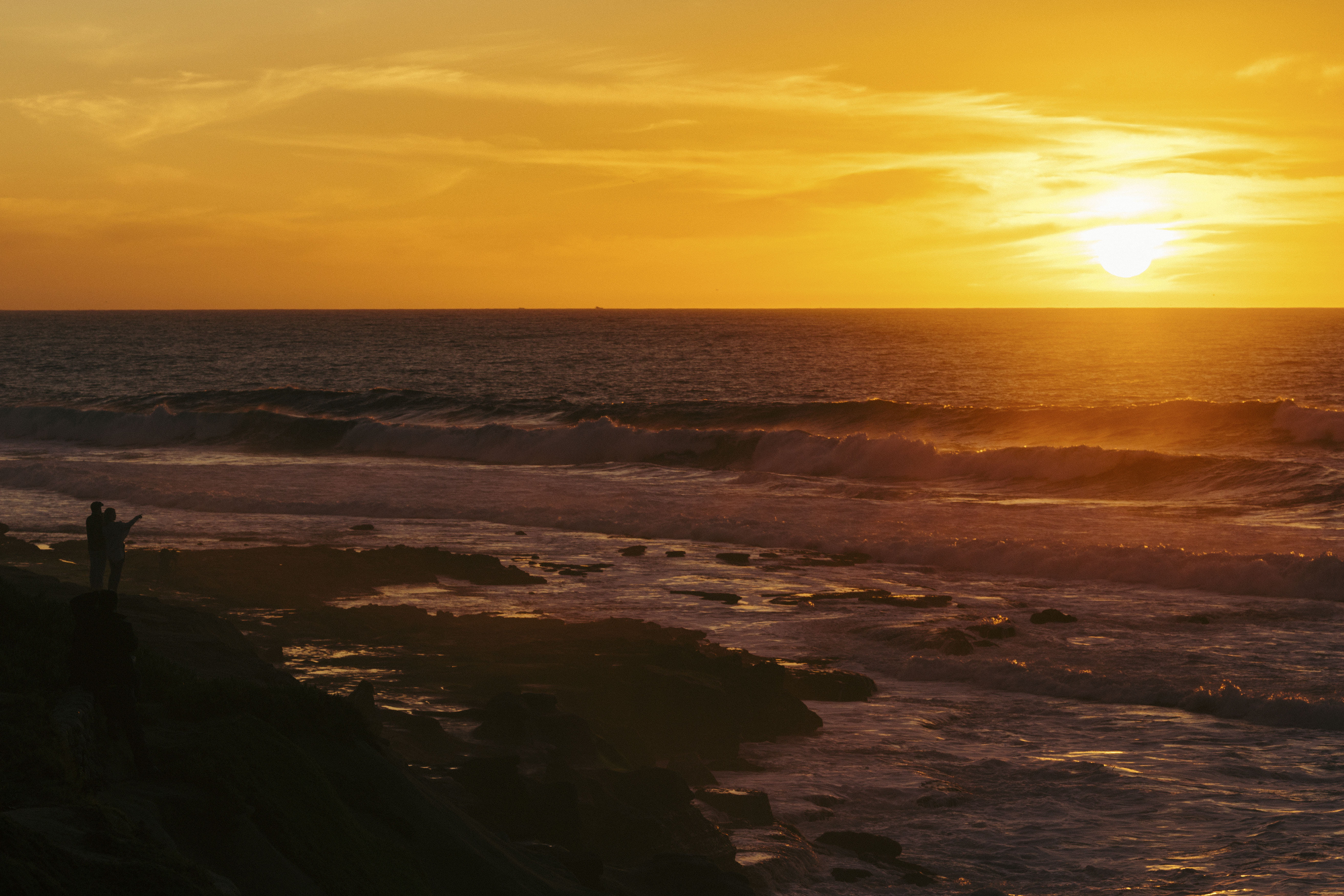 facing, horizon over water, dusk, landscape, beach, sand, sea, two, scenics - nature, scenics, wave, 5K, nature, sunset, water, person, no people, orange color, HD Wallpaper