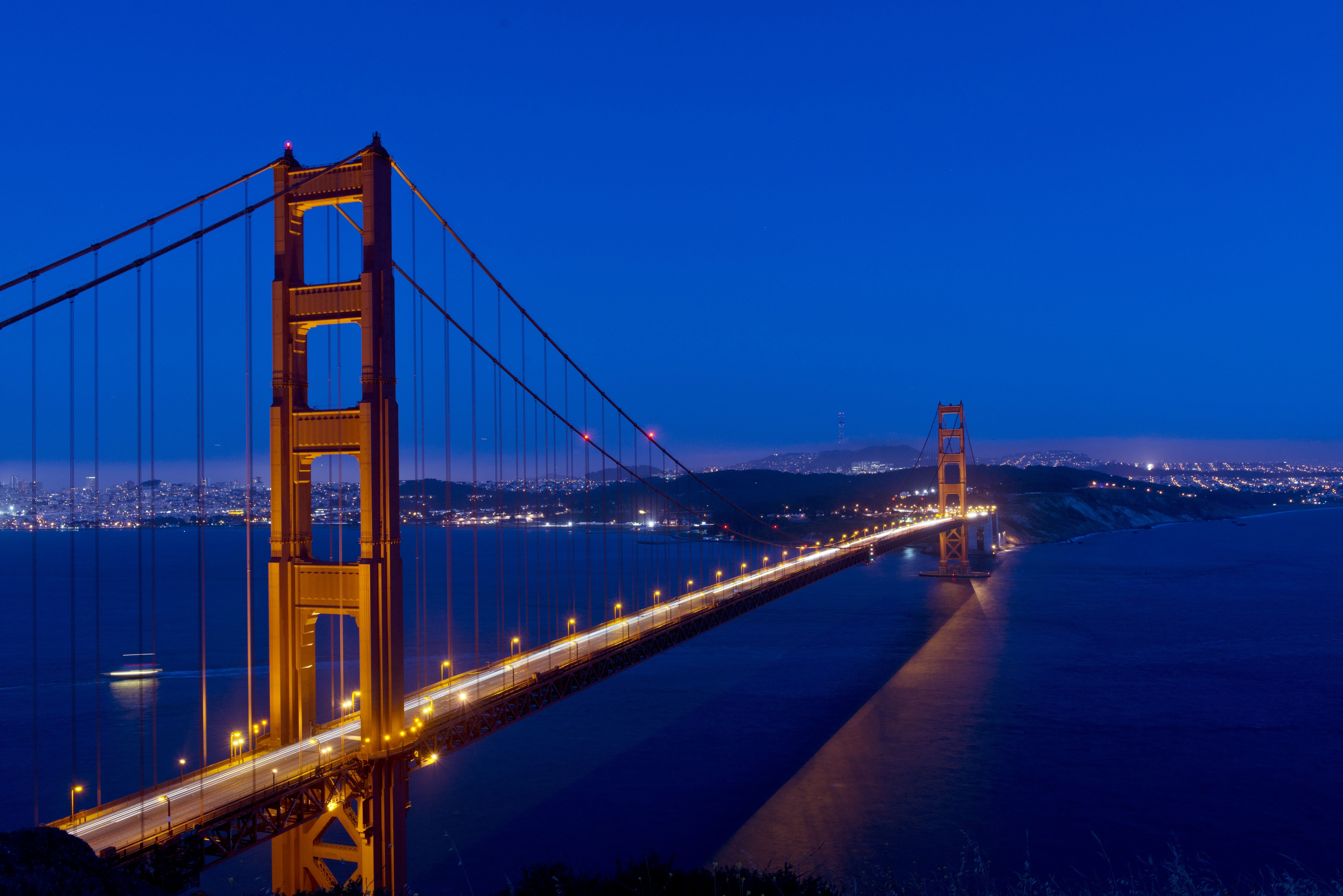 san, suspension Bridge, attraction, outdoors, bay, sightseeing, frisco, golden Gate Bridge, long exposure, night, light trail, sea, north america, 5K, HD Wallpaper