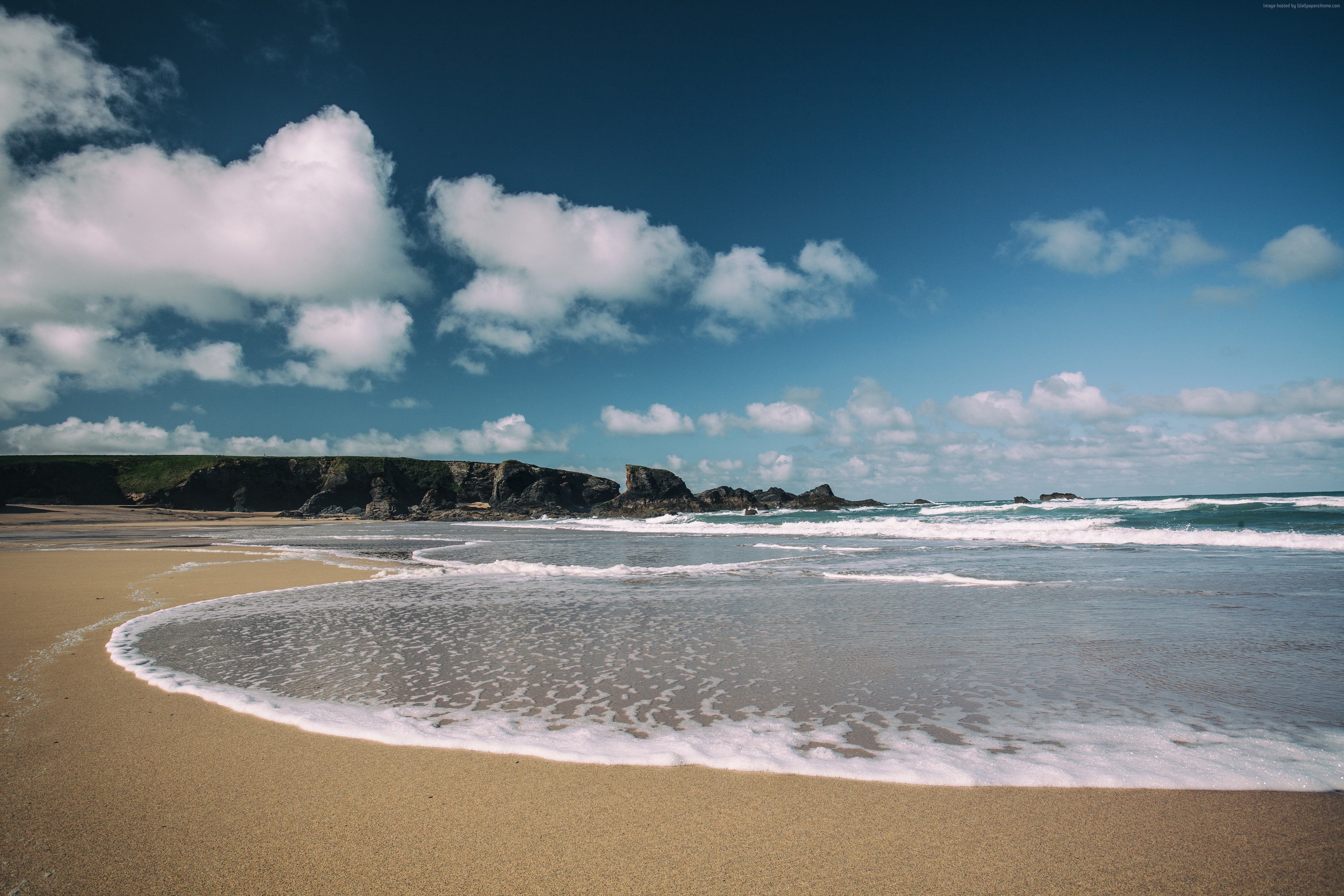 4k, 5k, beach, sea, 4K, England, shore, Cornwall, Porthcothan Bay, HD Wallpaper