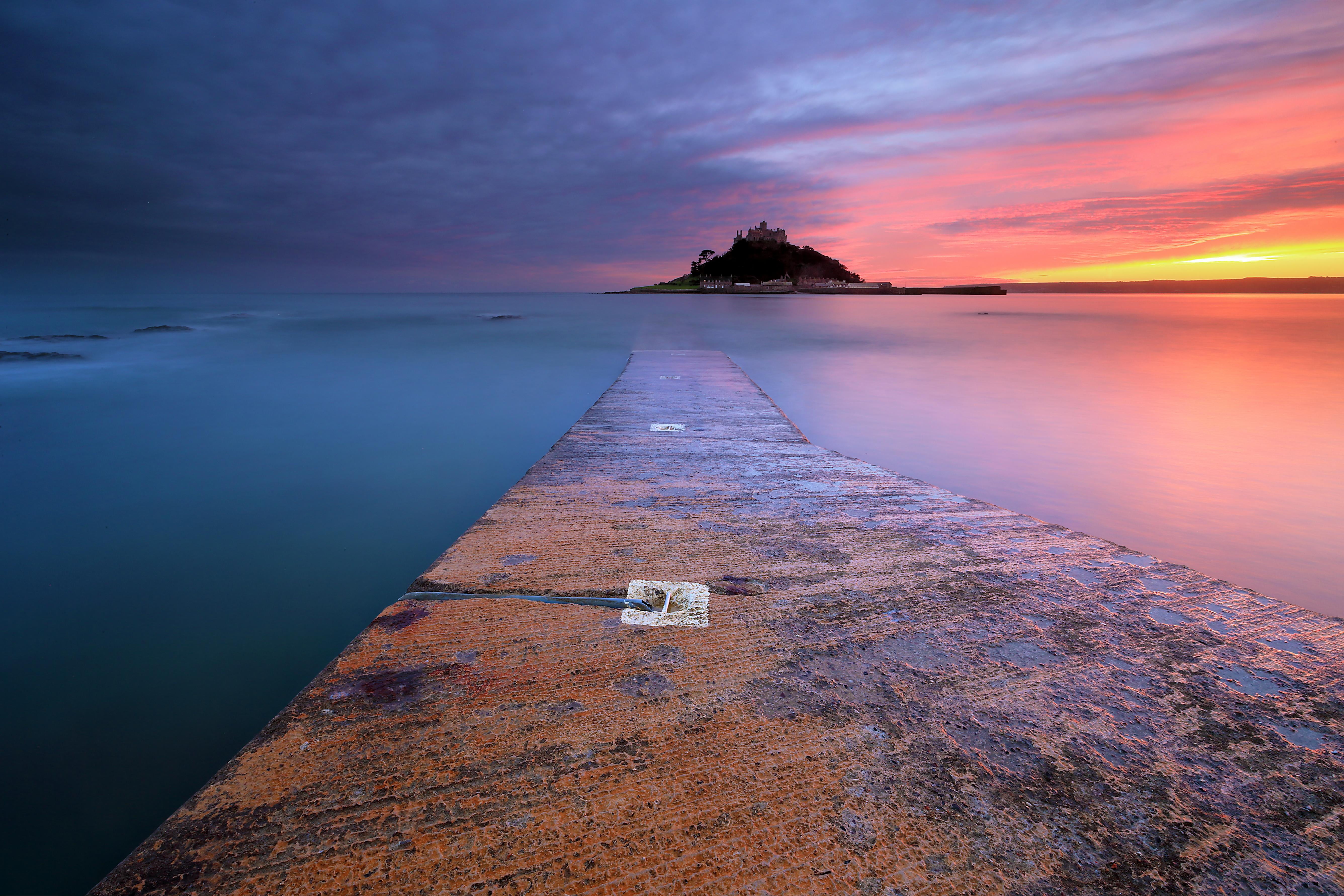 sky, coastline, 5K, shore, sea, near, nature, shoreline, Colours, dock, beach, sunset, landscape, Cornwall, Winter, coast, dusk, isle, HD Wallpaper