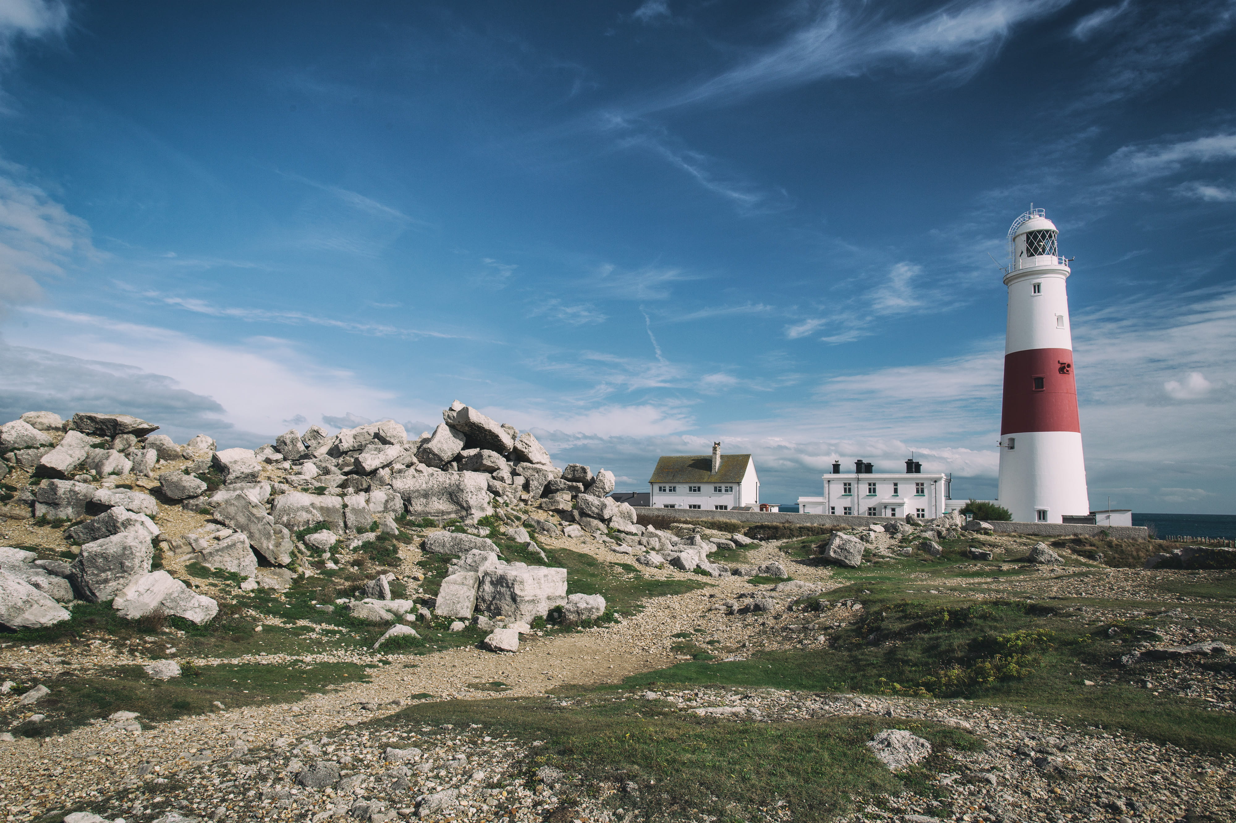 safety, guidance, architecture, no People, clouds, building, direction, Portland Bill Lighthouse, sea, Jurassic Coast, building exterior, security, angle, HD Wallpaper