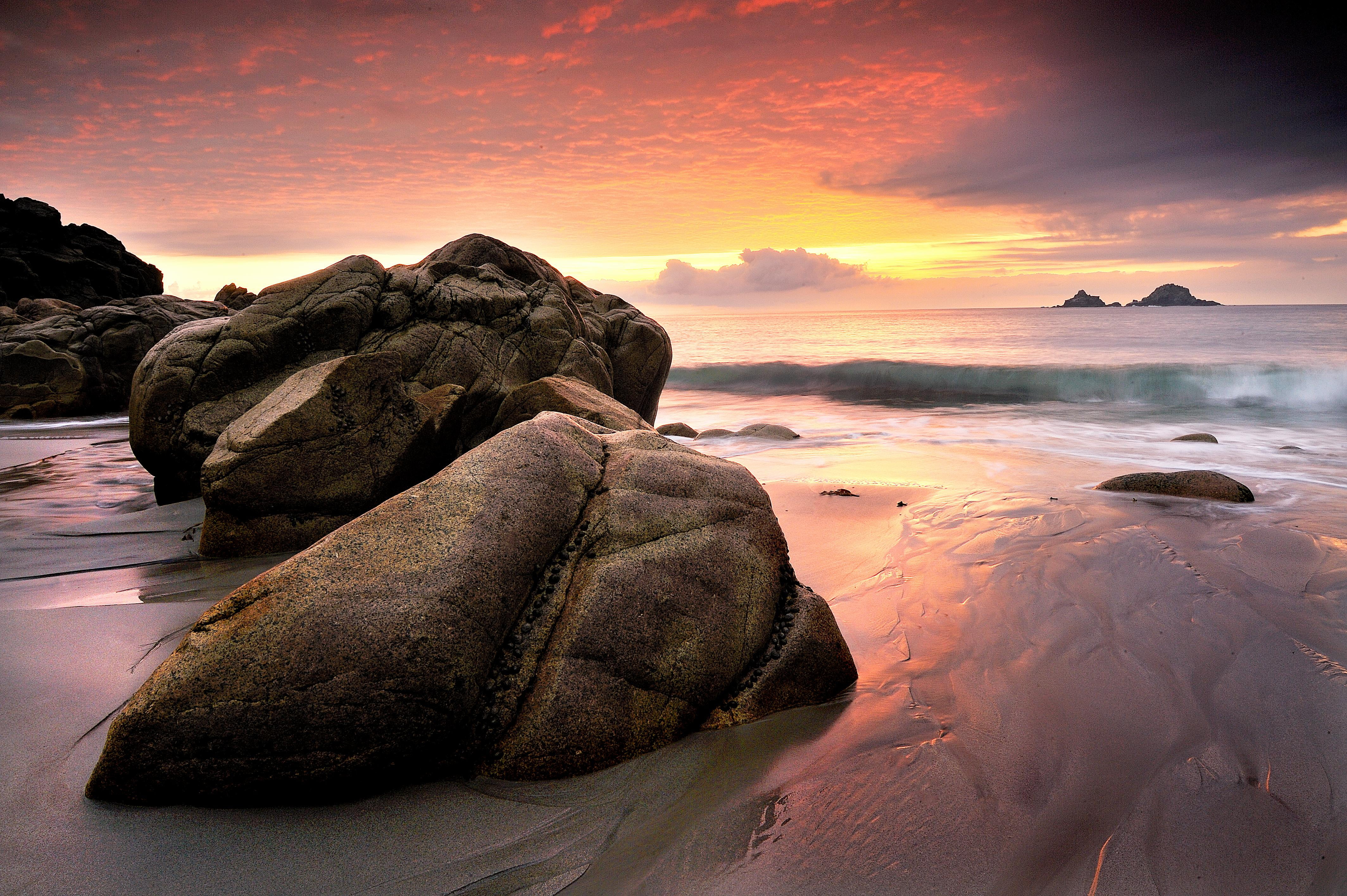 rock formation, sky, Light  rock, wavy, near, Cornwall, colour, rock, sunset, beach, coastal, islands, water, coast, British  Isles, rock - Object, sea, HD Wallpaper