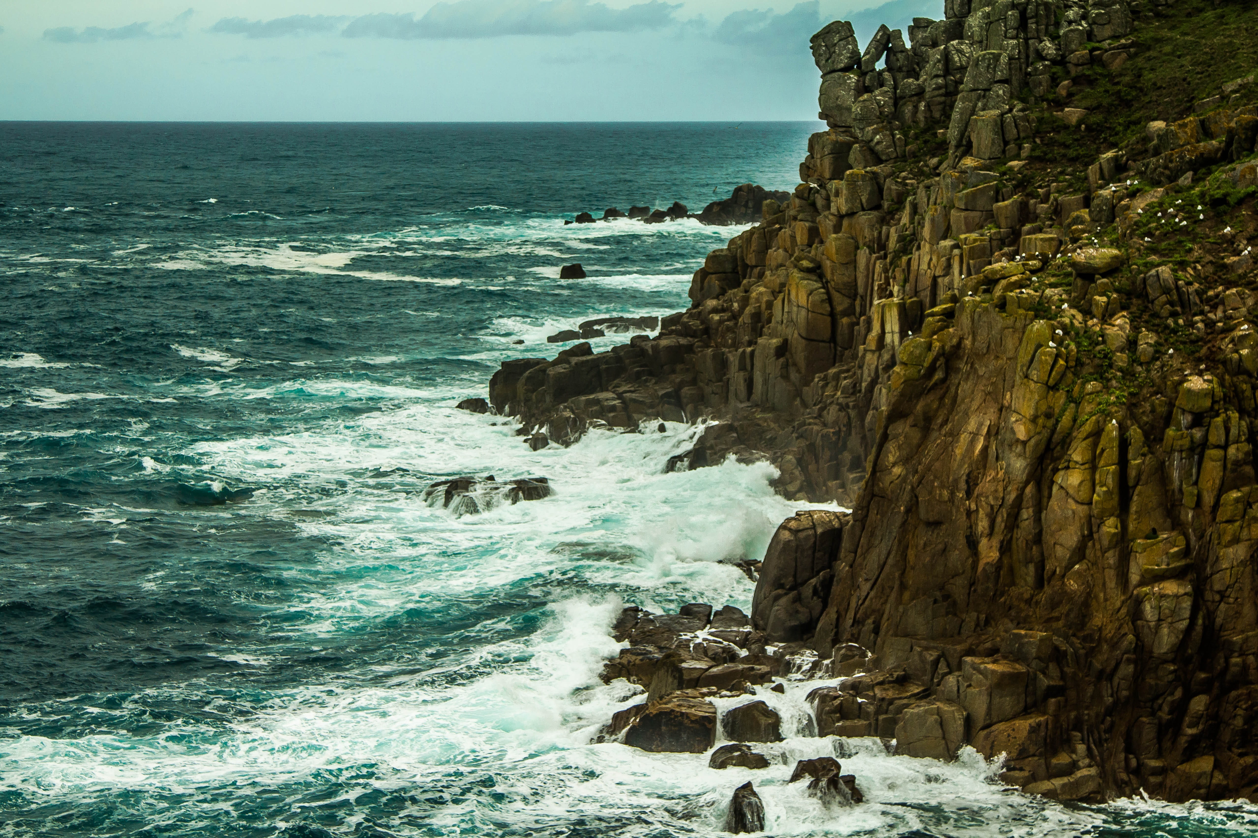 eye, photography, rock, horizon over water, lands end, s, wave, 4K, breaking, mountains, splash, horizon, cornwall, rock - object, sky, water, beauty in nature, HD Wallpaper