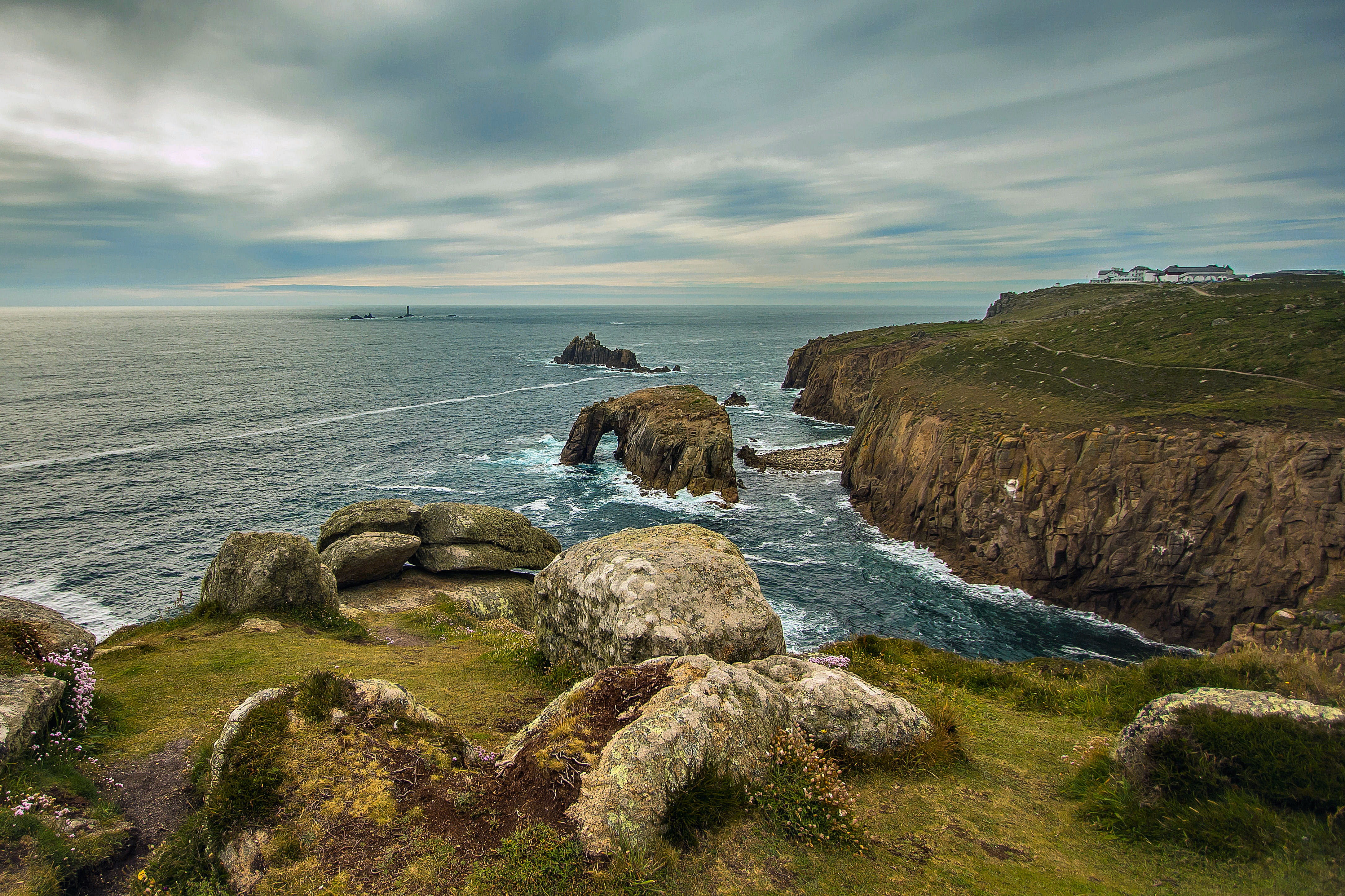 sky, bay, environment, coastline, solid, england, Cornwall, Rock, LandS End, Ocean, horizon, seascape, beauty in nature, cliff, no People, water, cloud - Sky, HD Wallpaper