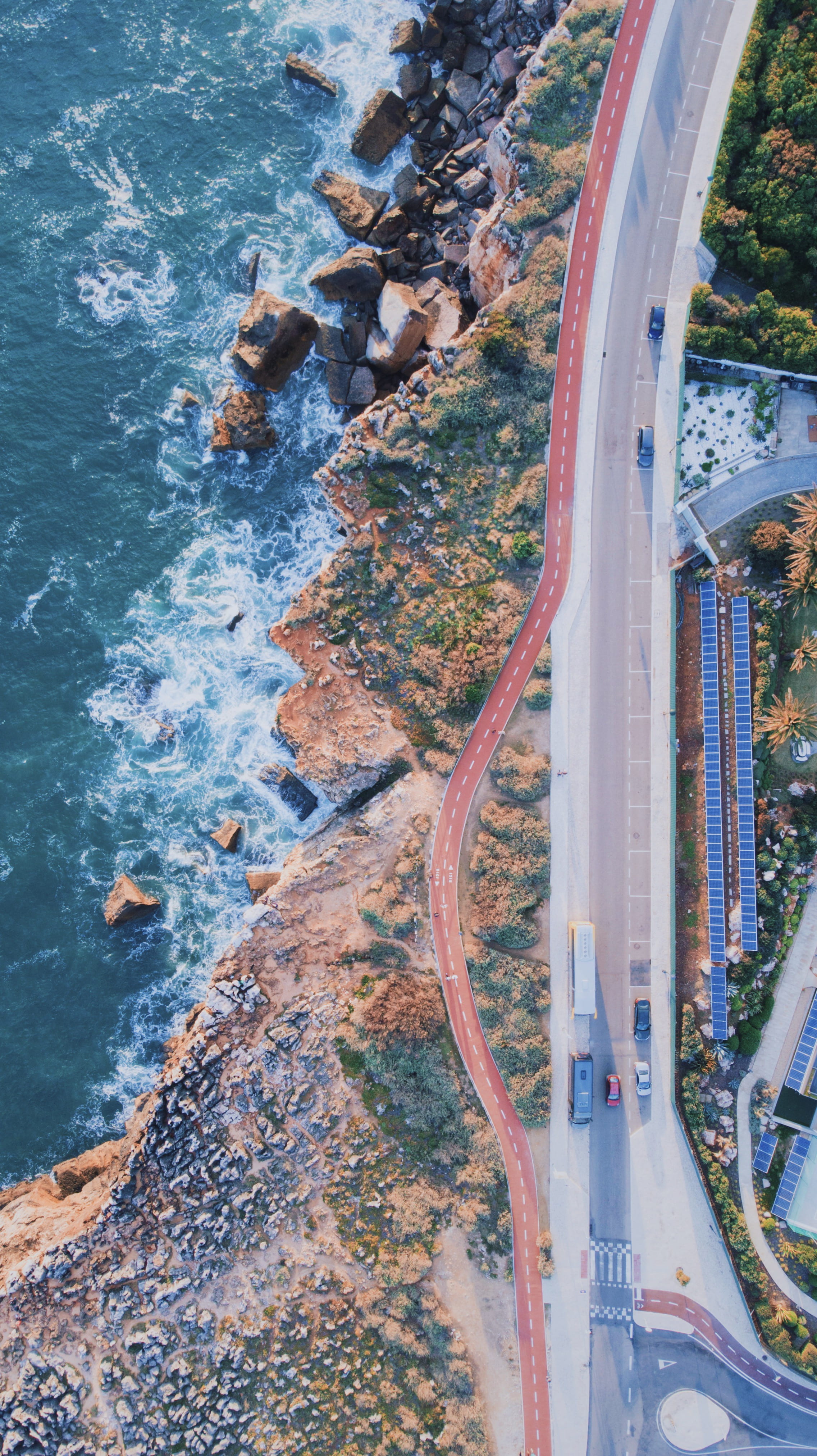 mode of transportation, connection, road, motion, parking, daytime, luxury, view, architecture, travel, cars, 4K, day, shore, aerial shot, seaside, rocks, Phone HD Wallpaper