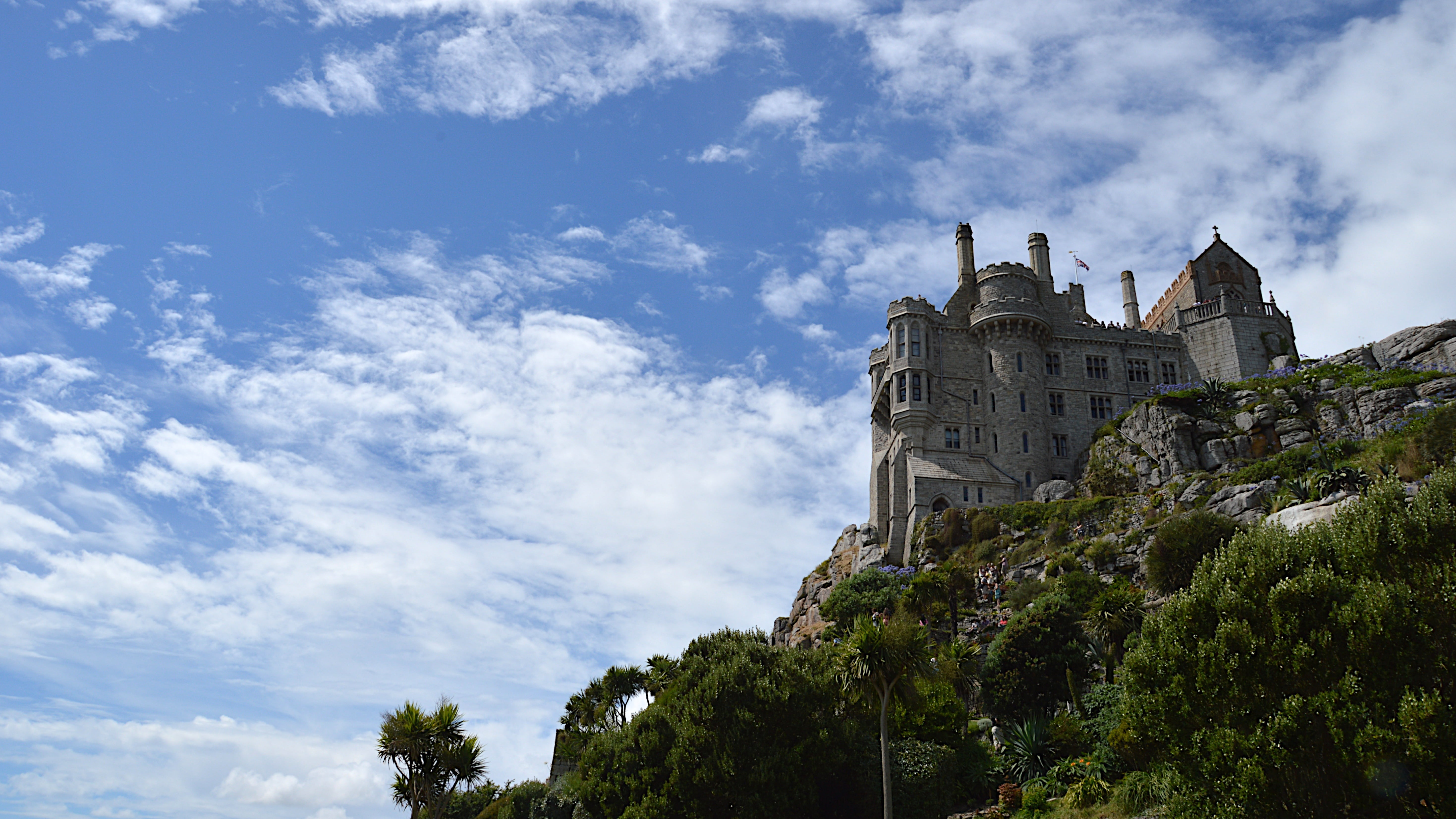 island, tourism, no people, castle, building exterior, st michaels mount, causeway, day, history, tower, penzance, 5K, travel, sky, low angle view, marazion, HD Wallpaper