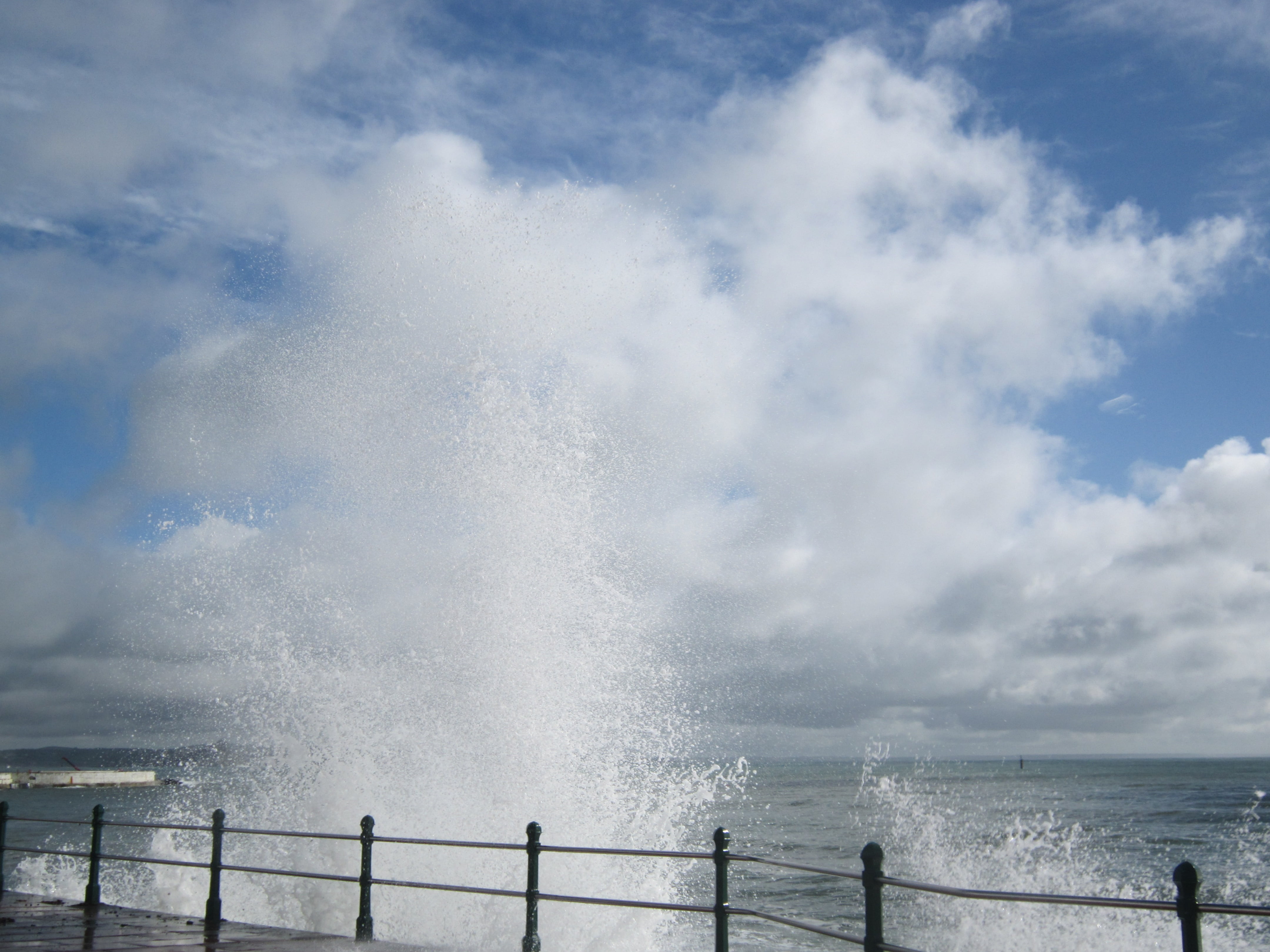 ocean, splashing, railing, cloud - sky, scenics, tourism, power in nature, hitting, wave, british, cornwall, places, beauty in nature, scenics - nature, HD Wallpaper
