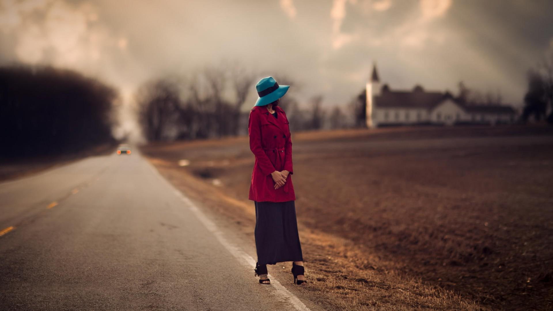 field, beautiful, hat, plowed, girl, road, house, plowed field, 1080P, HD Wallpaper