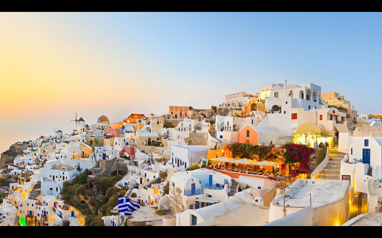 Greece, white, building, orange, community, building exterior, architecture, built structure, nature, house, town, sunset, sky, outdoors, clear sky, no people, HD Wallpaper