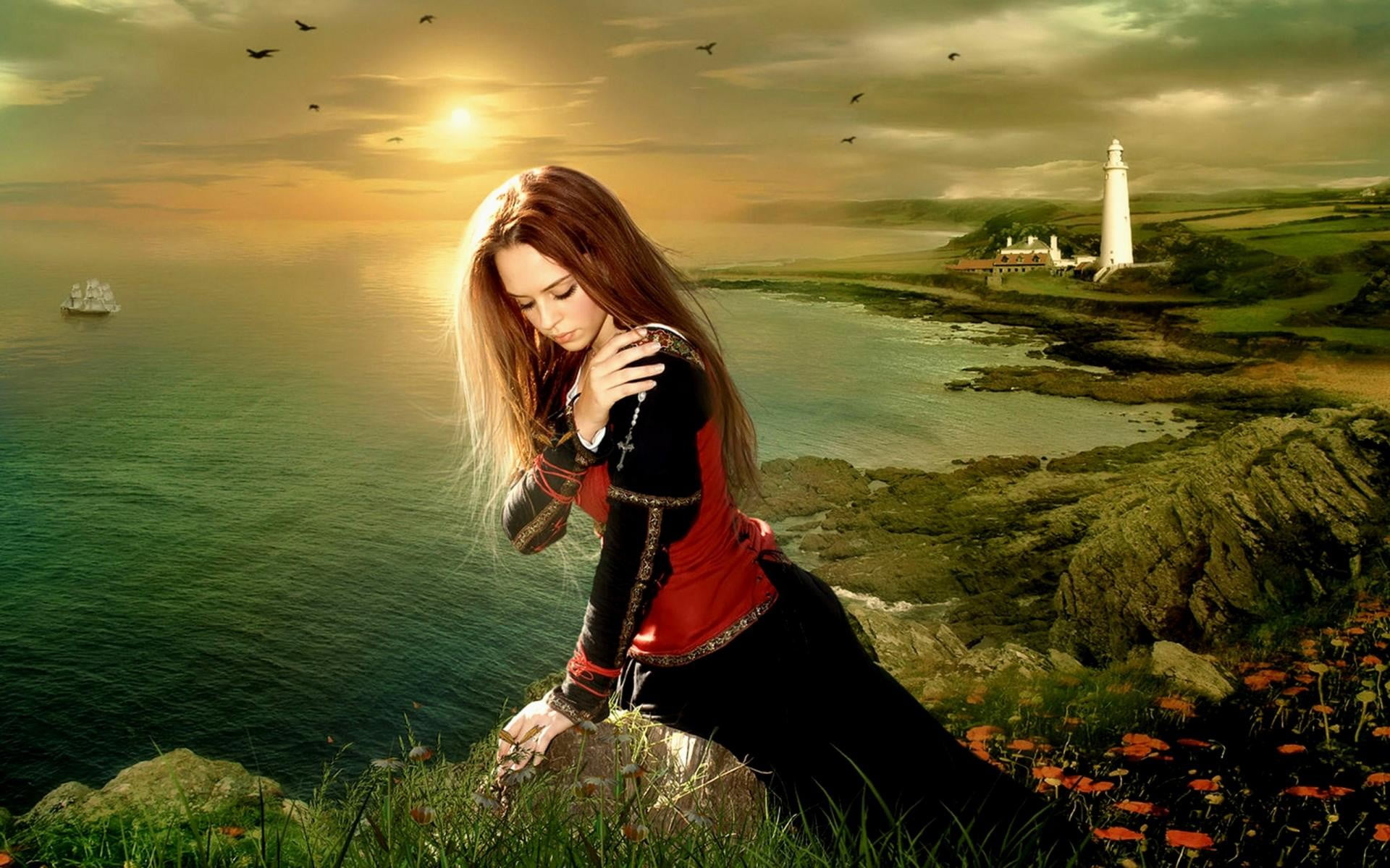 lifestyles, teenager, beauty in nature, outdoors, water, young women, casual clothing, model, sea, one person, leisure activity, hair, sunset, lighthouse, HD Wallpaper