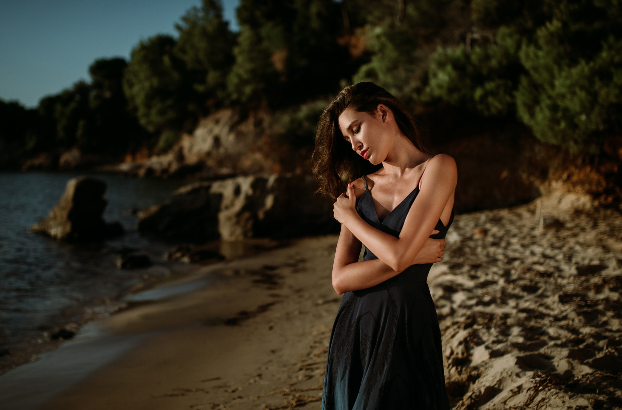 one person, black dress, adult, women outdoors, outdoors, young women, beach, women, land, pink nails, beauty, three quarter length, beautiful woman, 1080P, HD Wallpaper