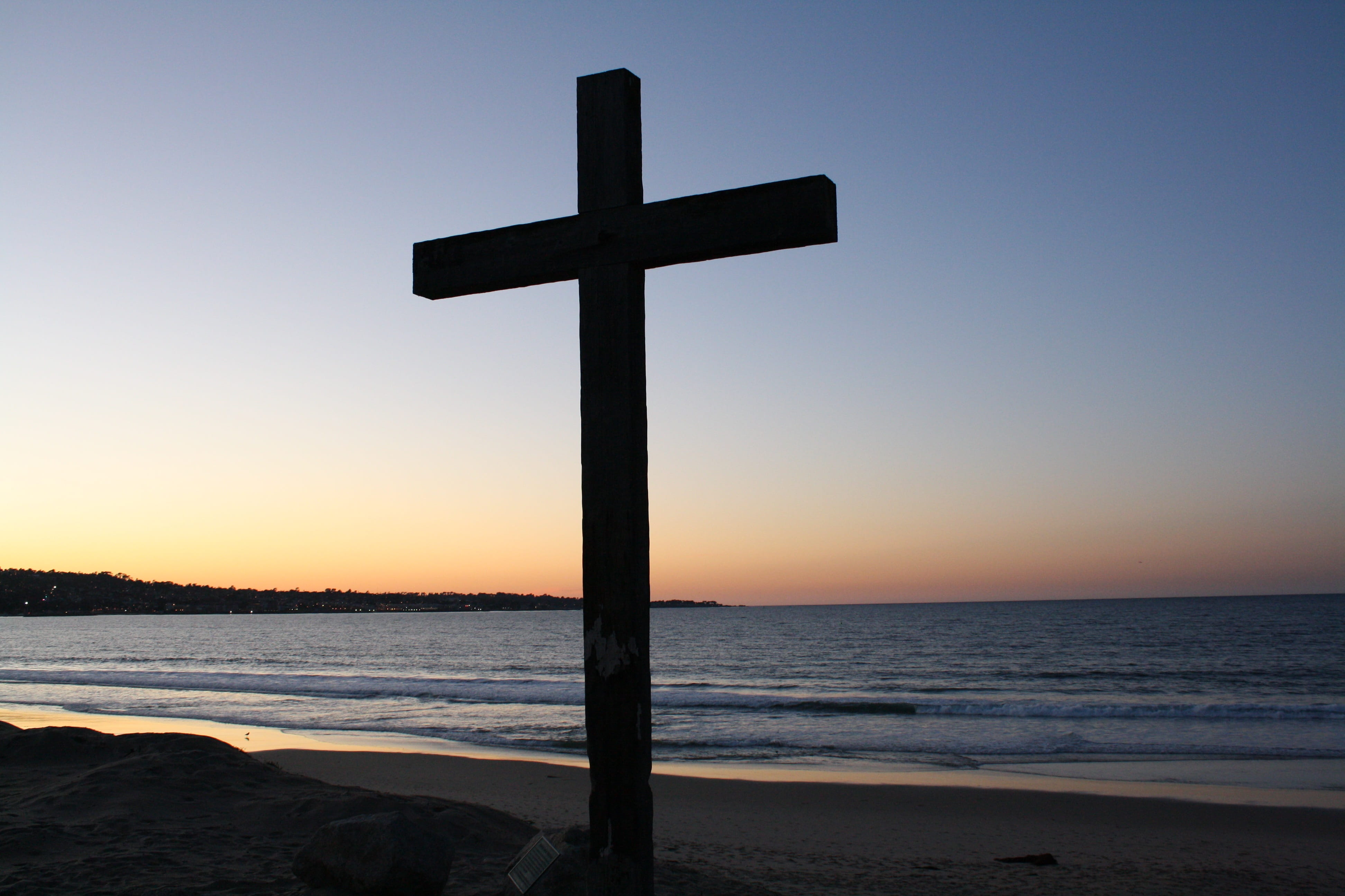 monterey, outdoor, sunset, outdoors, clear sky, outside, sea, nature, hope, sky, tranquility, 4K, horizon, Ocean, praying, Beach, land, spirituality, cross Shape, HD Wallpaper