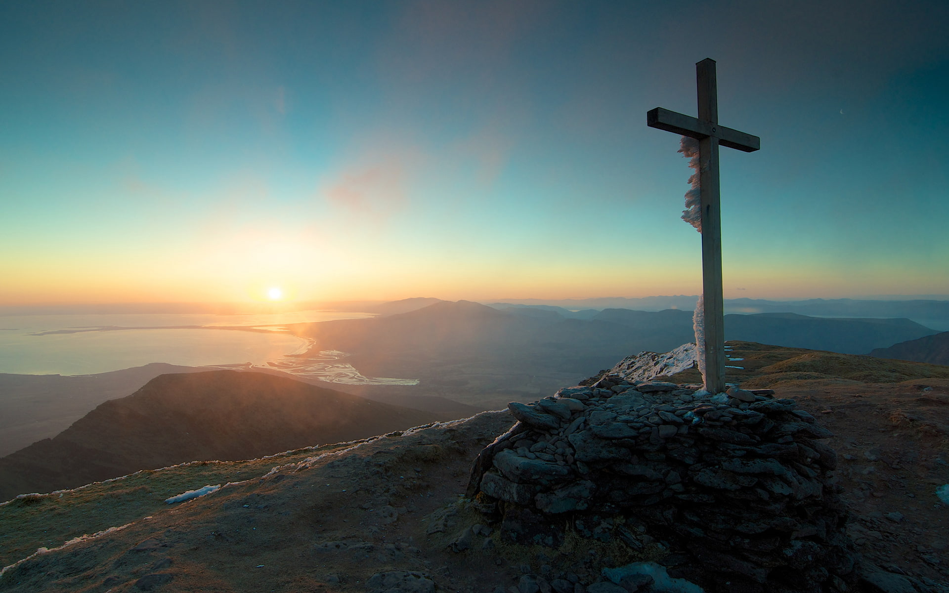 mountain, religion, mountain range, ocean, belief, Cross, environment, beauty in nature, mountains, tranquility, Landscape, Grave, sky, scenics - nature, HD Wallpaper