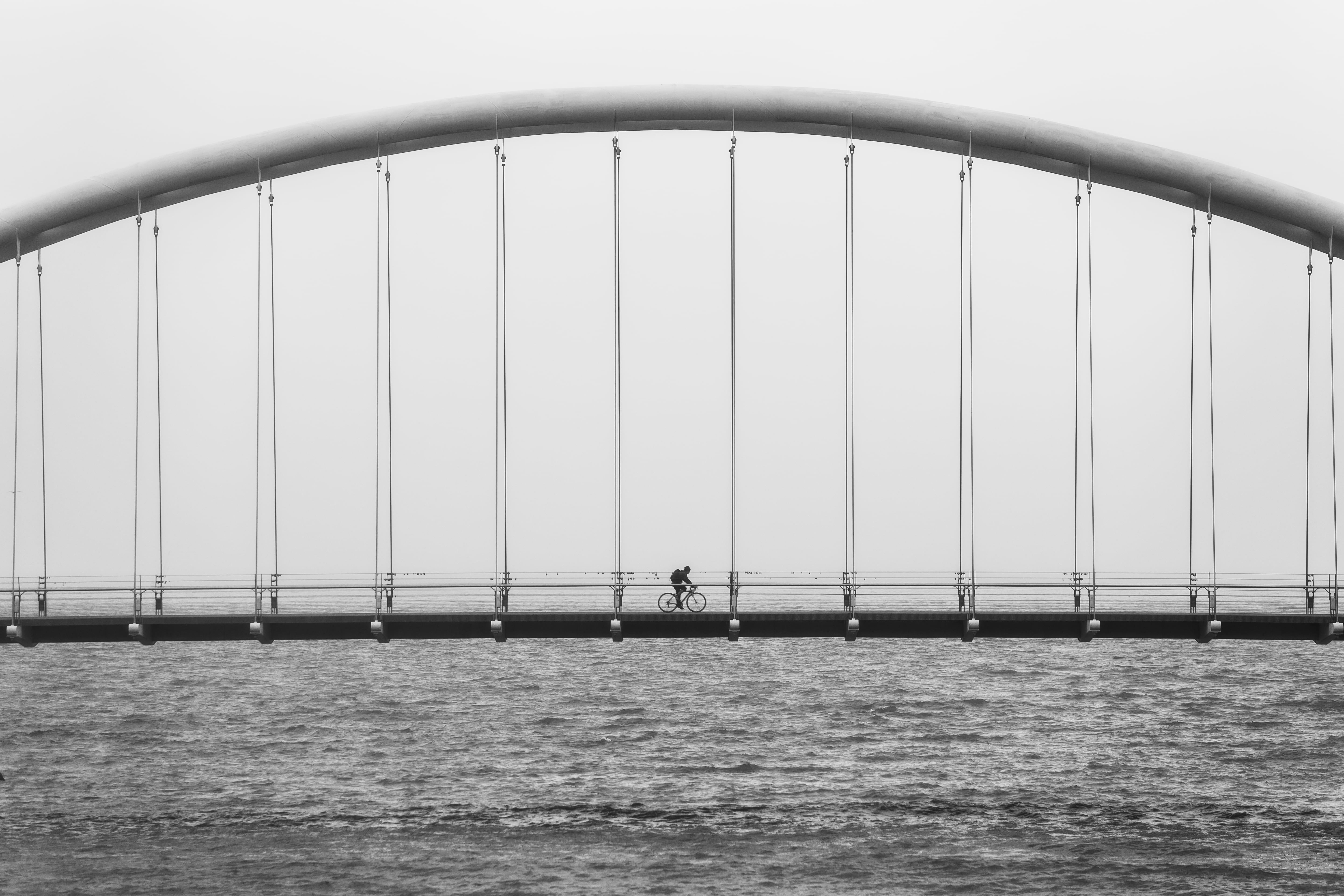 built structure, bridge, scale, commute, photo, nautical vessel, greyscale, engineering, long, architecture, outdoors, cyclist, 5K, person, arch bridge, HD Wallpaper