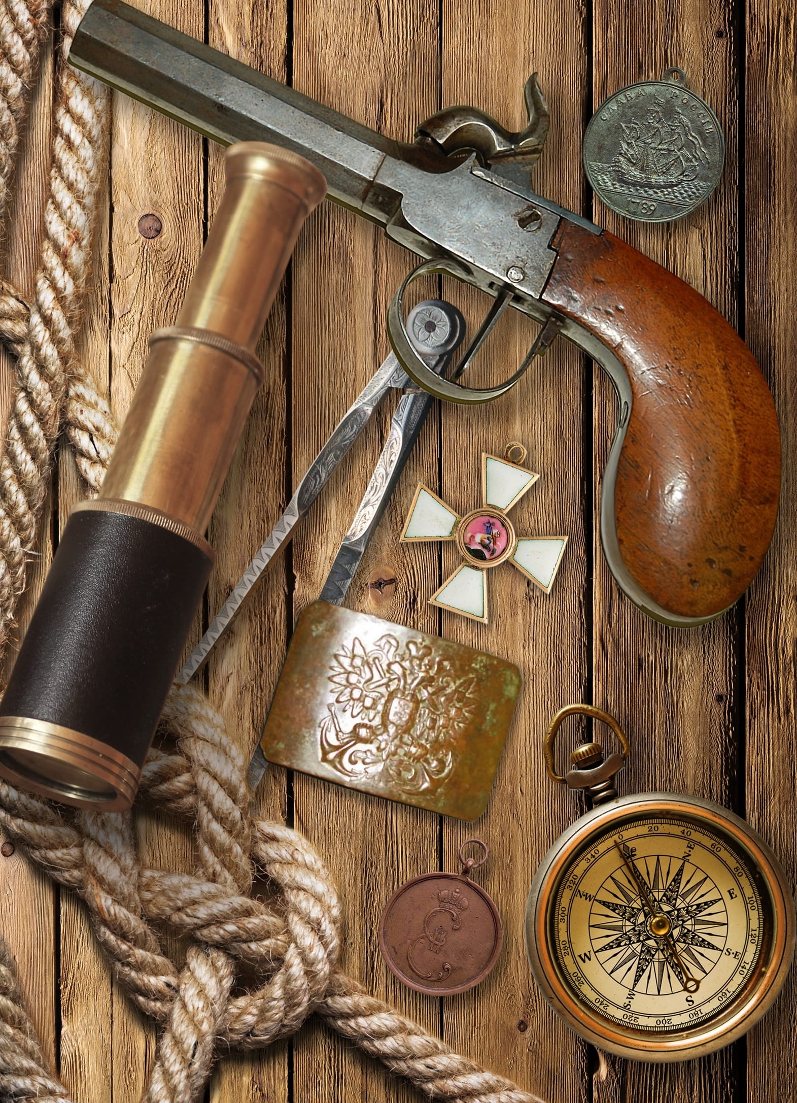 cross, russia, rope, choice, equipment, pistol, spyglass, history, buckle with eagle, indoors, gold, composition, for design, 18th century, decoration, Phone HD Wallpaper