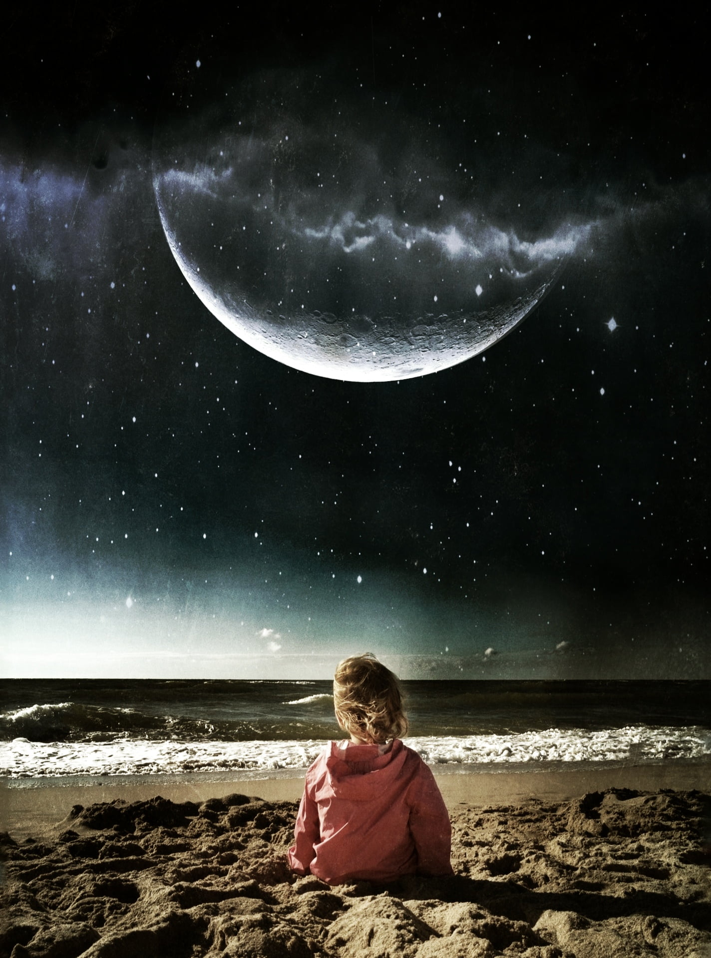 Girl, sky, baltic, science, iphoneography, mobile, planet - Space, Moon child, fantasy, seashore, photo, sea, dream, dark, beach, star - Space, 720P, fantastic, Phone HD Wallpaper