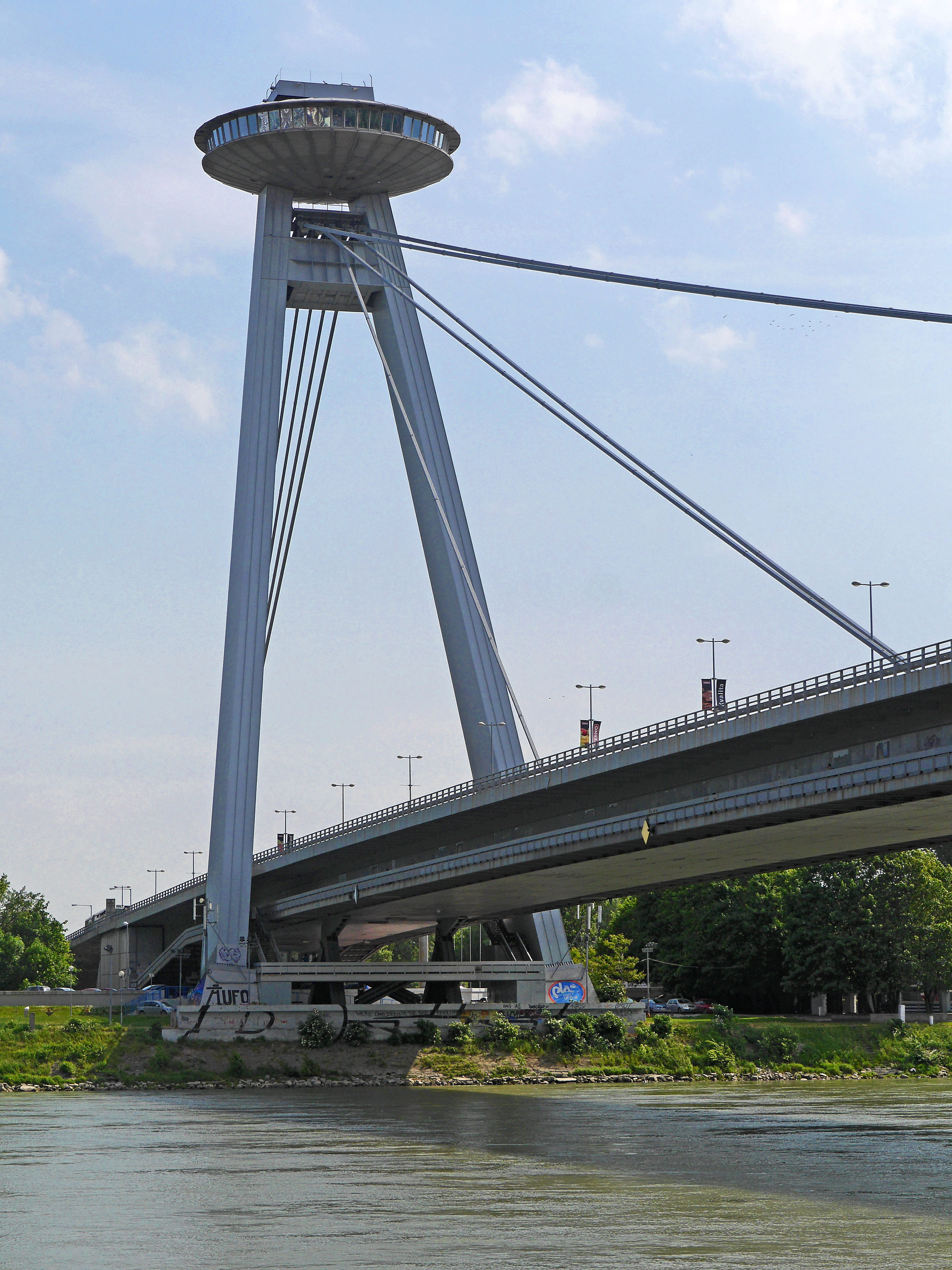 bridge, building exterior, river, cloud - sky, suspension wires, day, 4K, water, danube bridge, slovakia, built structure, transportation, tower restaurant, Phone HD Wallpaper