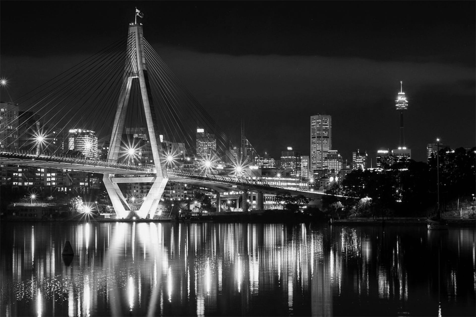 outdoors, travel destinations, financial district, architecture, illuminated, black and white, city on the water, bridge, suspension bridge, river, built structure, HD Wallpaper
