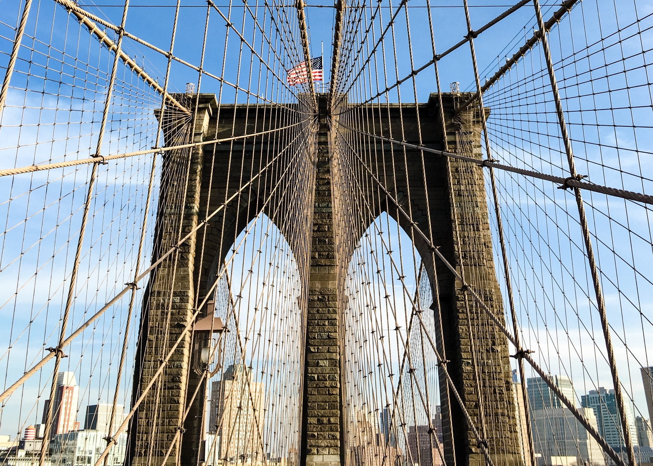 travel, architecture, sky, steel, tourism, built structure, suspension bridge, nature, ny, outdoors, city, brown, low angle view, bridge, usa, transportation, HD Wallpaper