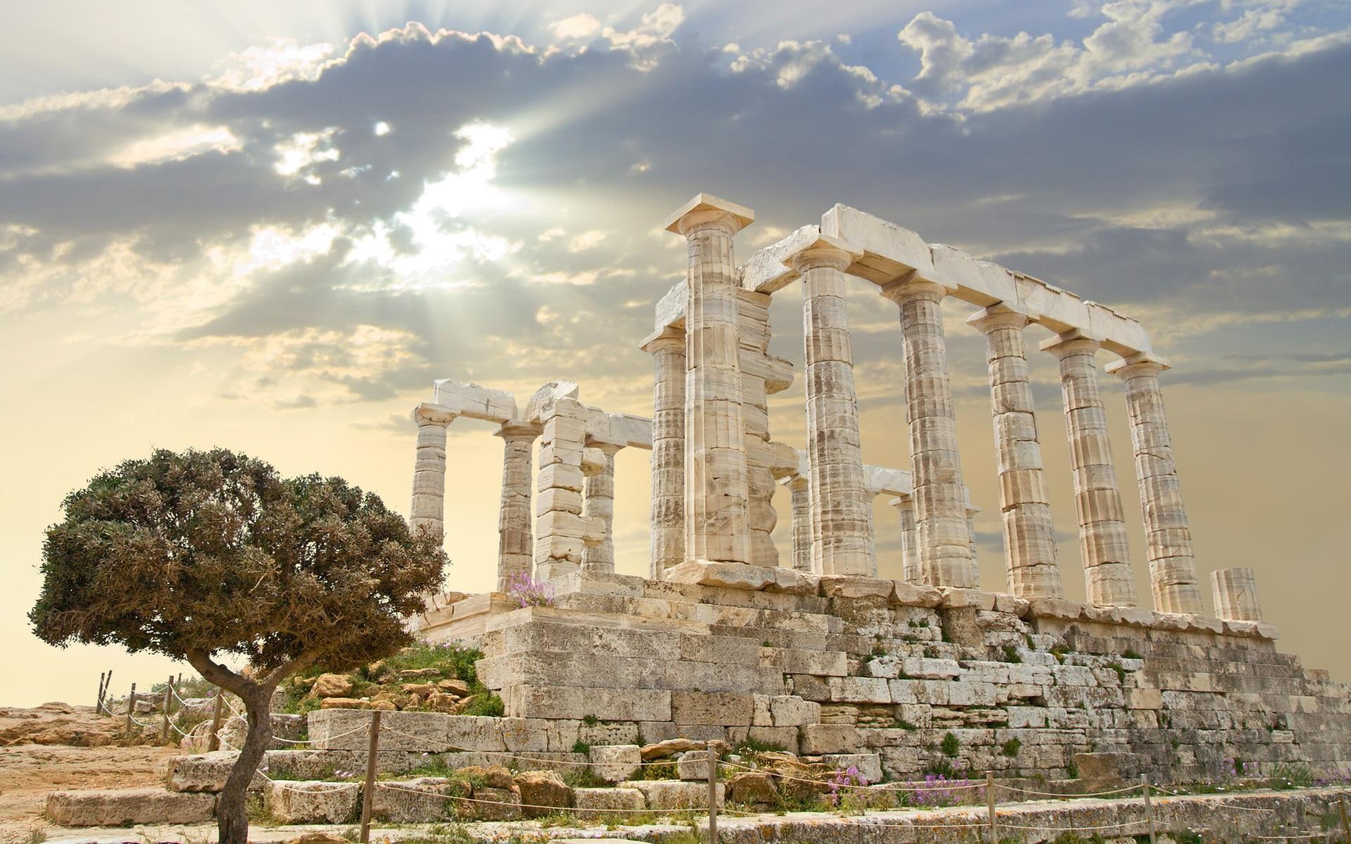 fabulous, white, ruins, greek, nature and landscapes, clouds, concrete, sun rays, tree, ancient, pillar, 1080P, HD Wallpaper