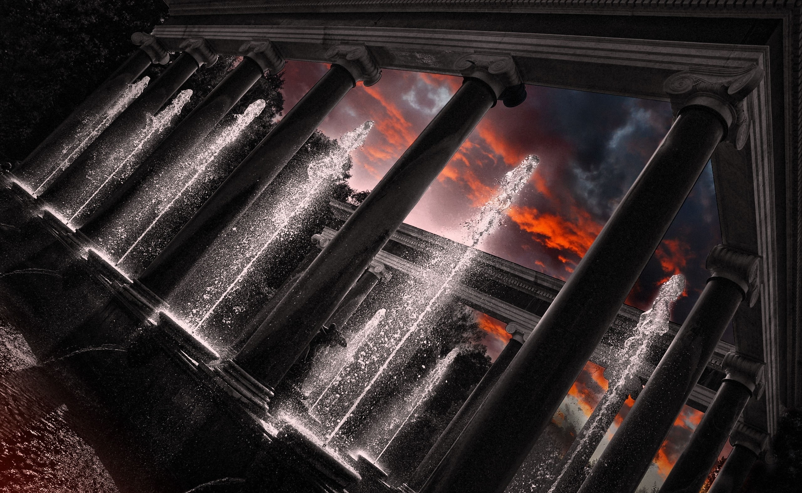 smoke - physical structure, architecture, Artistic, fuel and power generation, indoors, Columns, metal industry, Greek, concrete, fire, tilt, burning, 3D, HD Wallpaper
