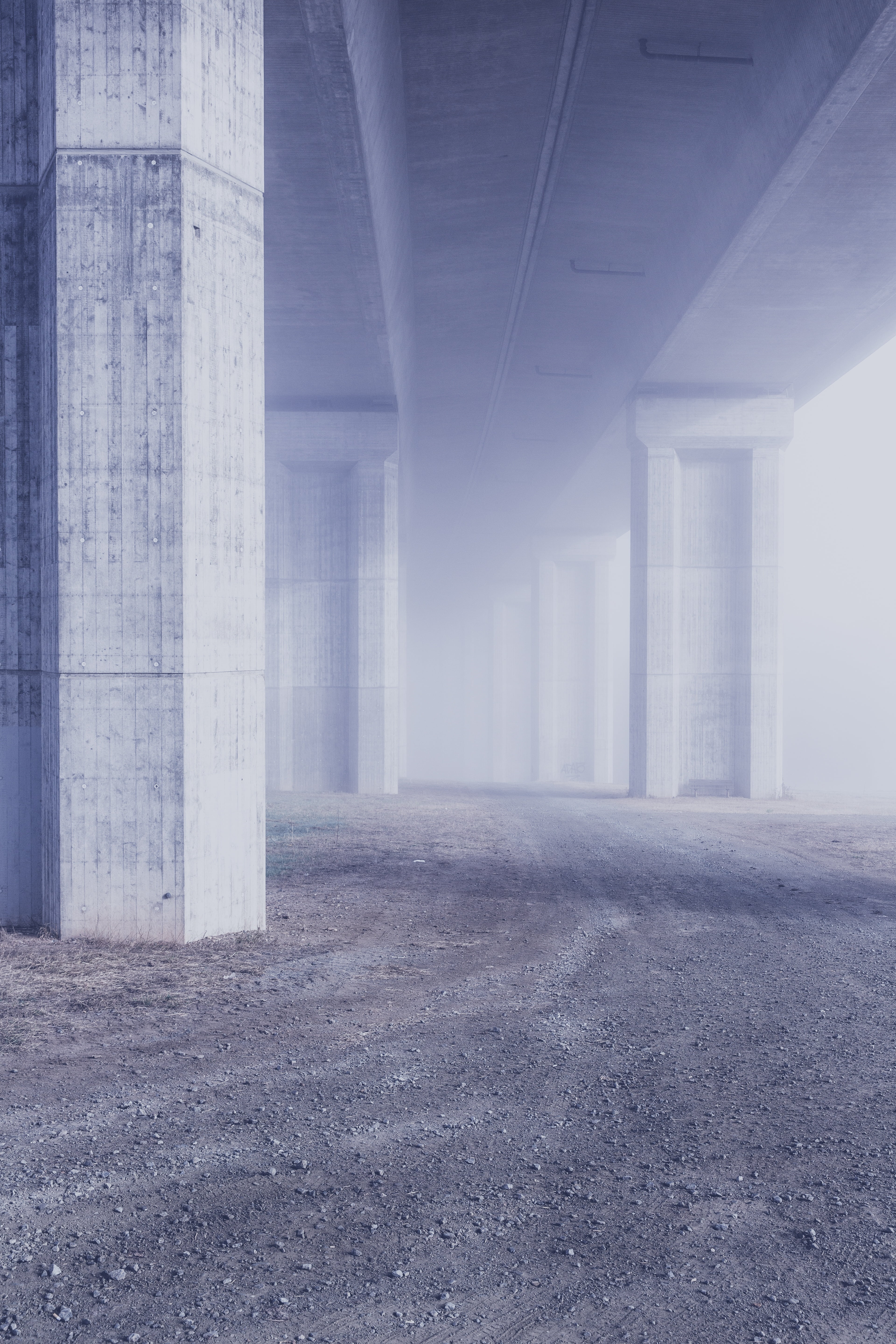 invisible, bridge, pillar, architectural column, road, day, structure, backgrounds, underneath, no people, colonnade, foggy, 5K, building, perspective, Phone HD Wallpaper
