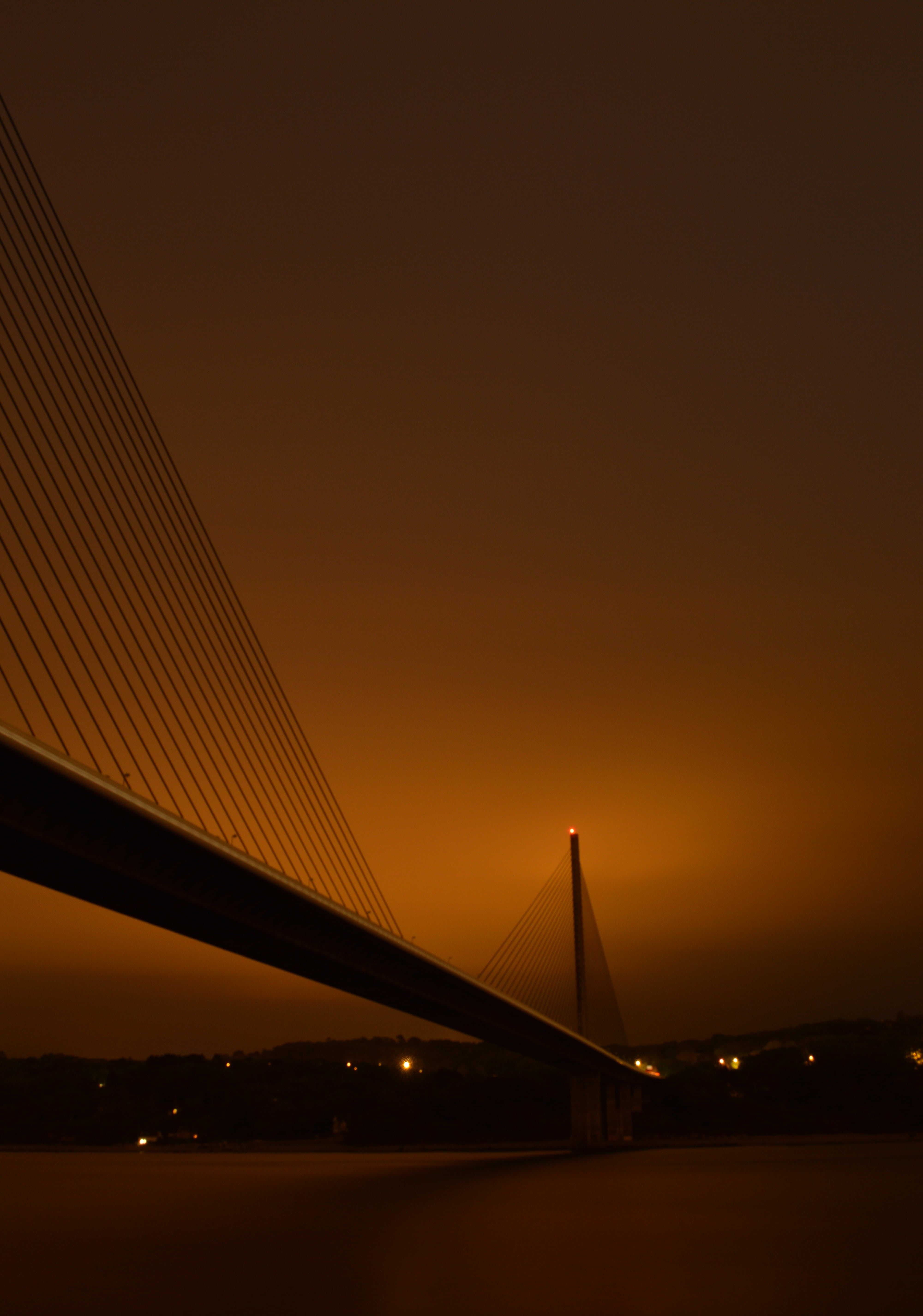 waters edge, built structure, sky, outdoors, bridge, engineering, suspension Bridge, nature, long exposure, tourism, orange color, dusk, night, bridge - Man Made Structure, Phone HD Wallpaper