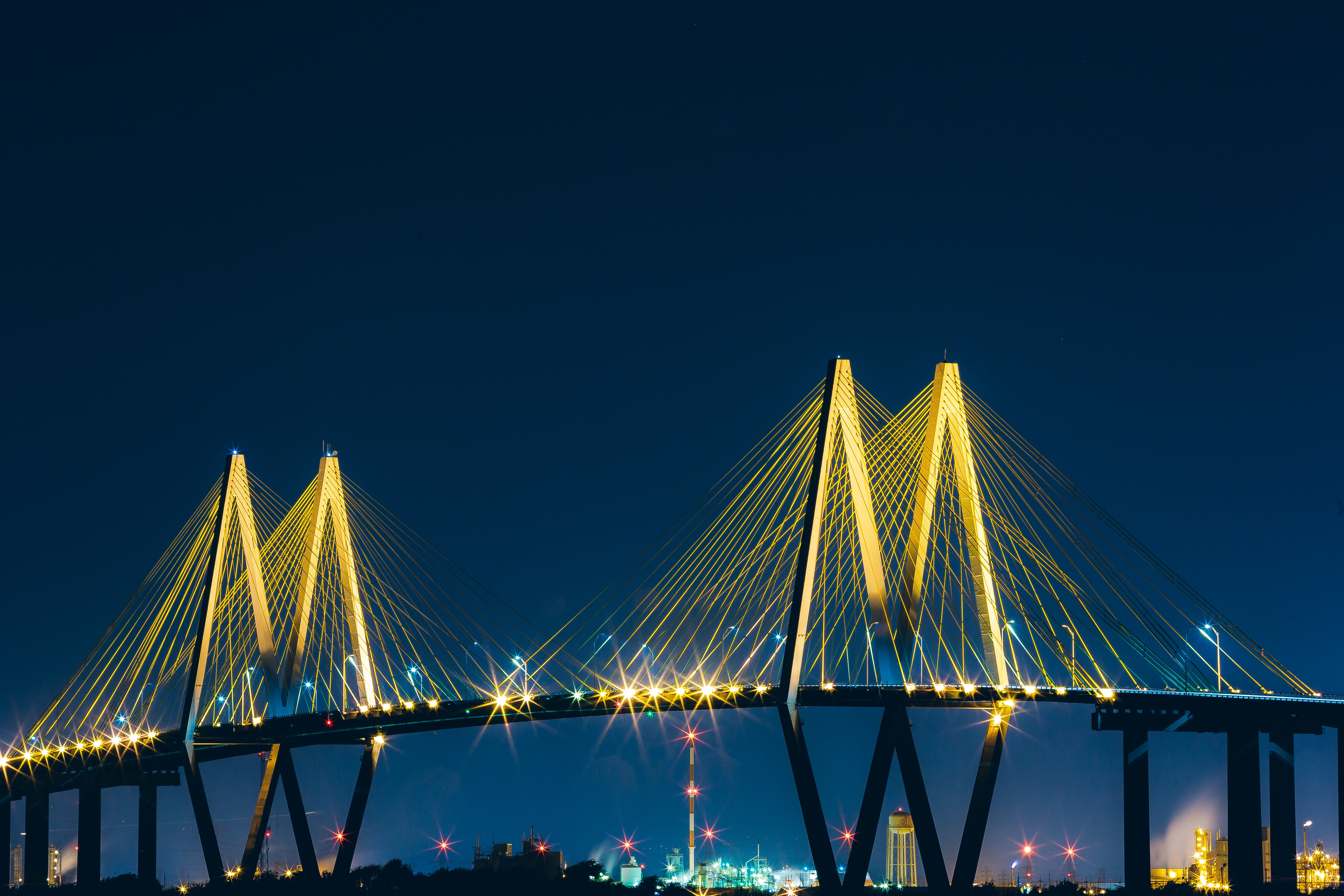 united states, built structure, blue, cable, transportation, connection, baytown, bridge, illuminated, sky, architecture, water, bridge - man made structure, HD Wallpaper