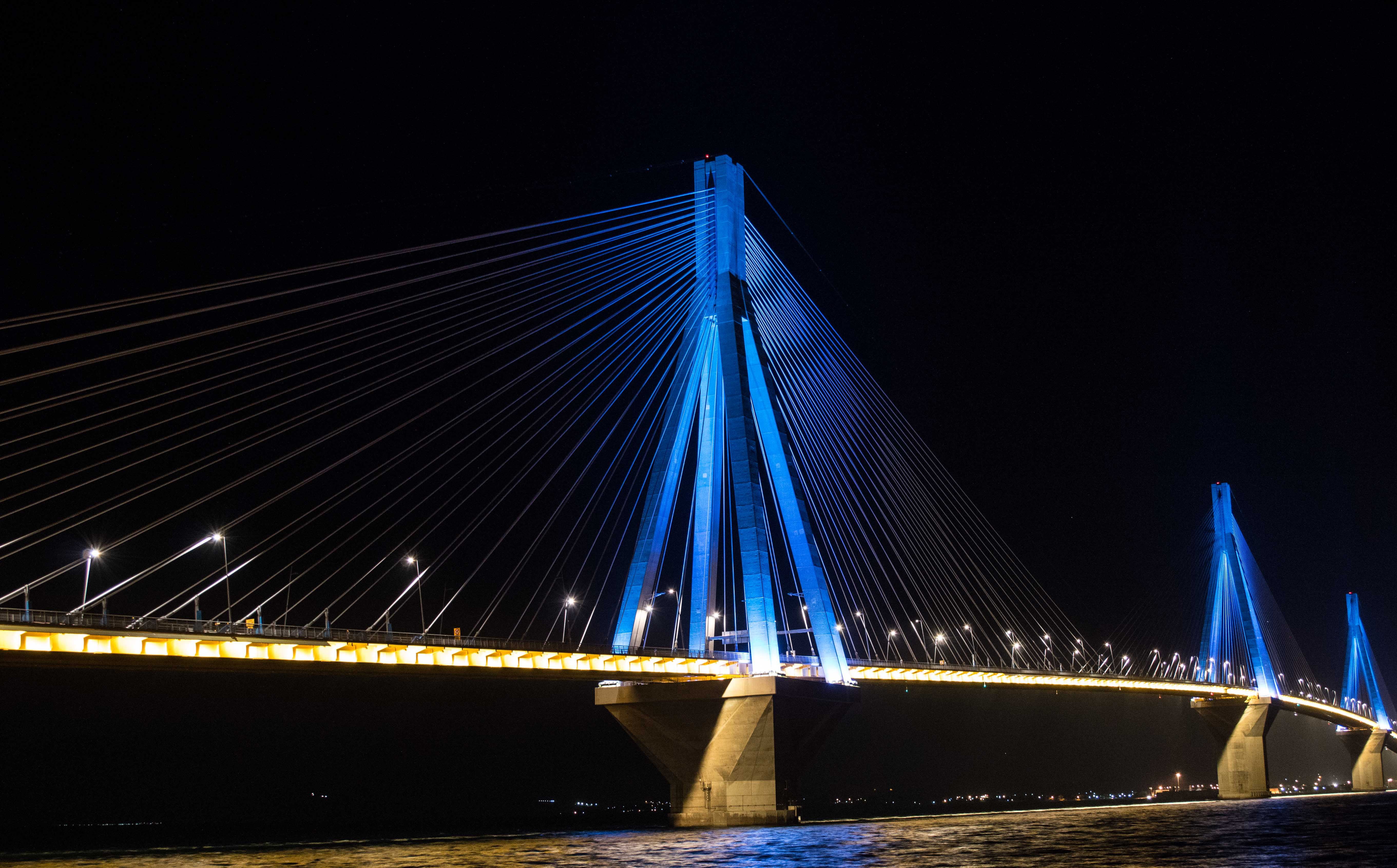 speed, illuminated, landscape, bridge, 5K, city, skyscraper, building exterior, light trail, water, ocean, white, sky, sea, turkey, connection, travel destinations, HD Wallpaper