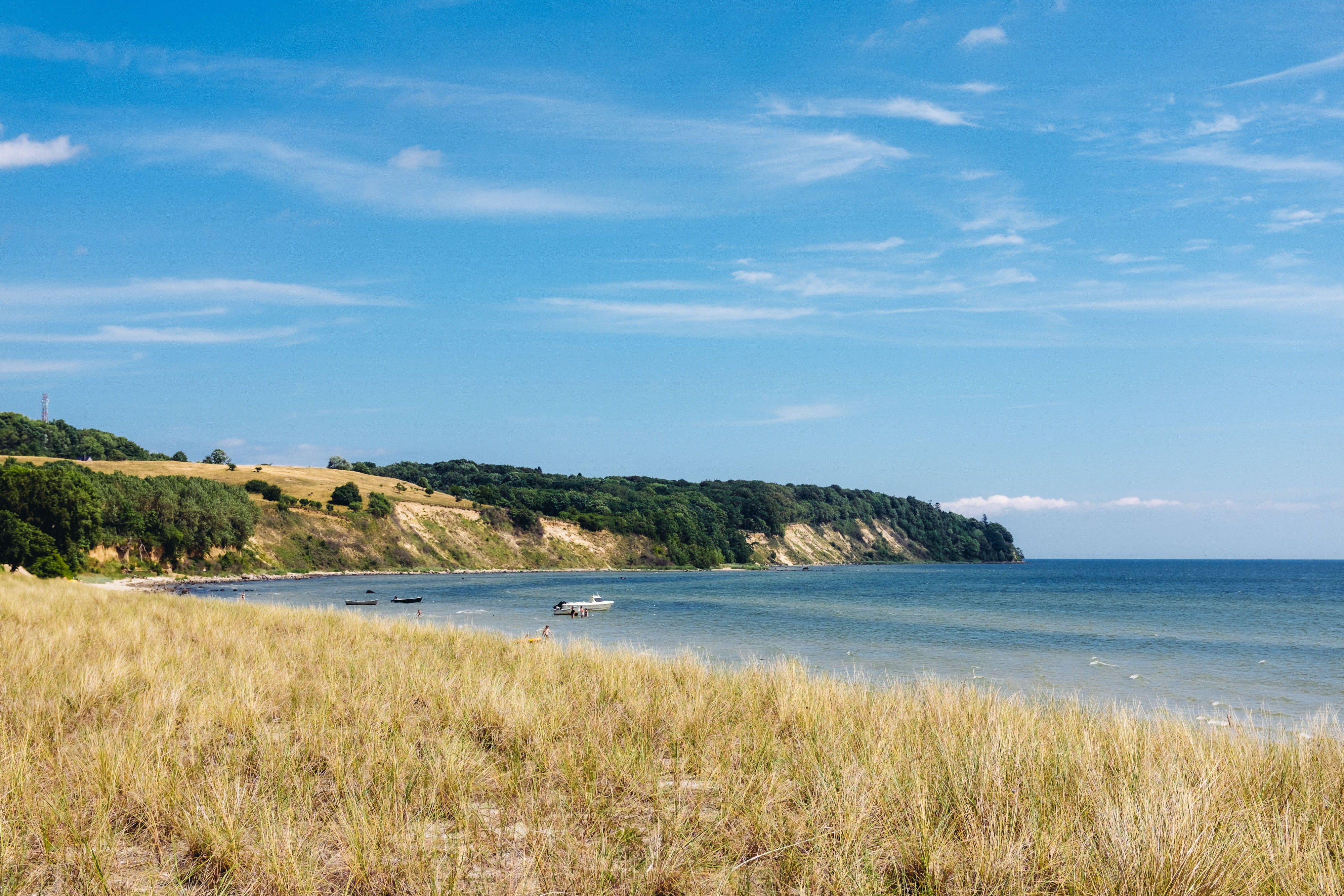 seaside, blue, ruegen, traditional, horizon over water, grass, germany, chalk, mecklenburg, day, baltic, travel, tree, horizon, cloud - sky, beach, nature, HD Wallpaper
