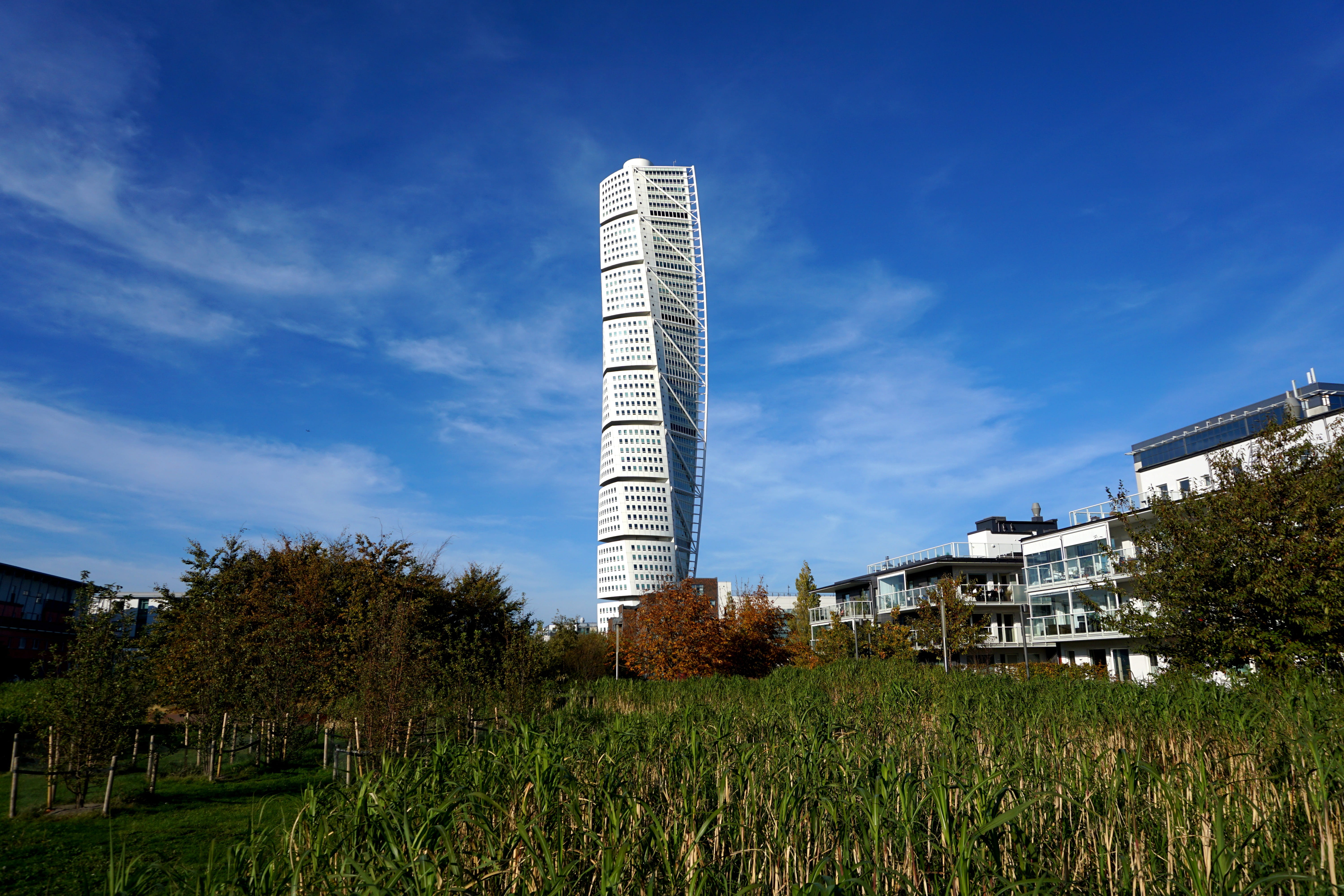 low angle view, built structure, turning, skyscraper, grass, city, malmö, industry, sky, architecture, twist, tree, modern, apartment, torso, no people, HD Wallpaper