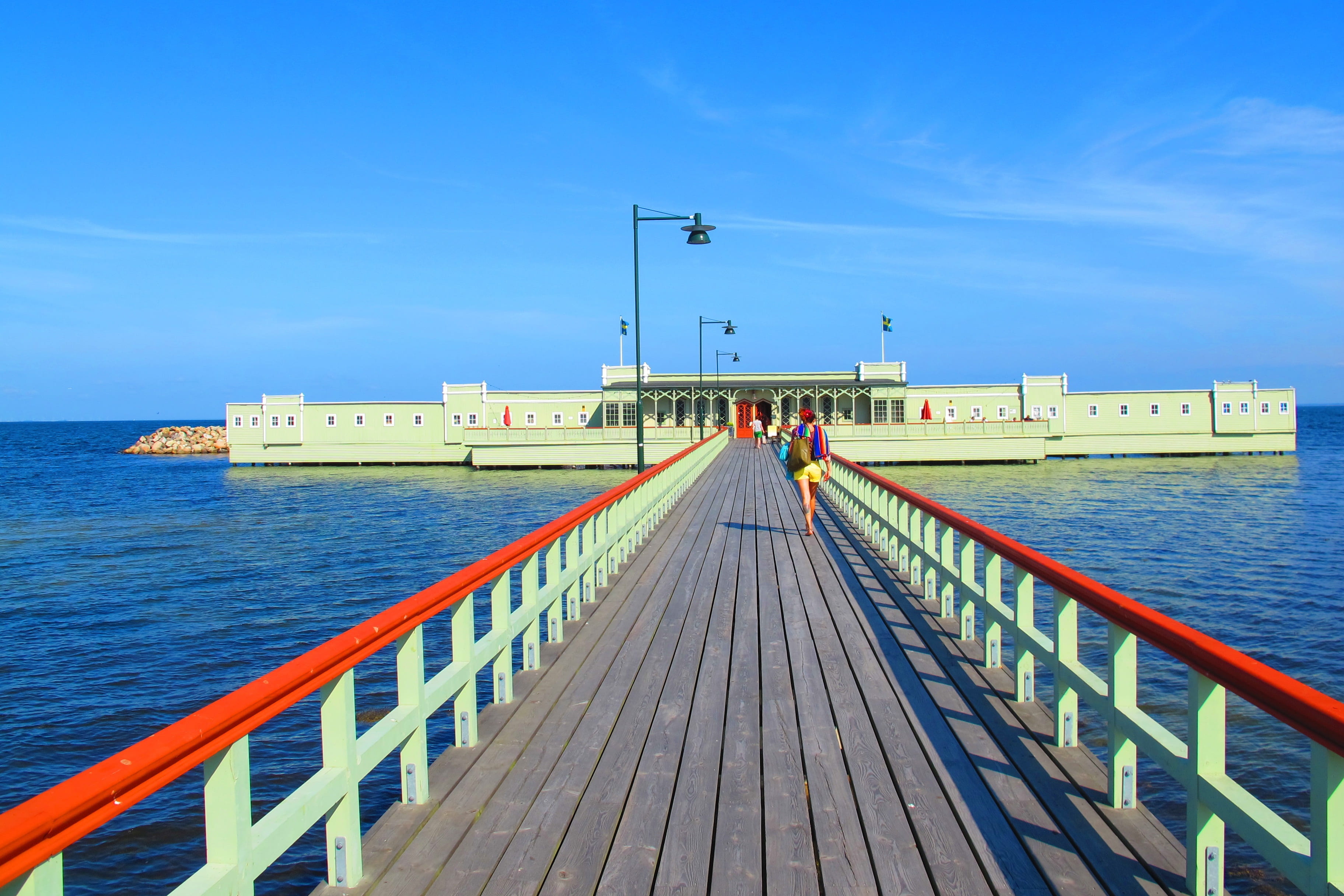 tourist, the bar, outdoors, railing, sweden, sky, swedish, building exterior, summer, day, no people, the way forward, sea, attraction, building, blue, HD Wallpaper