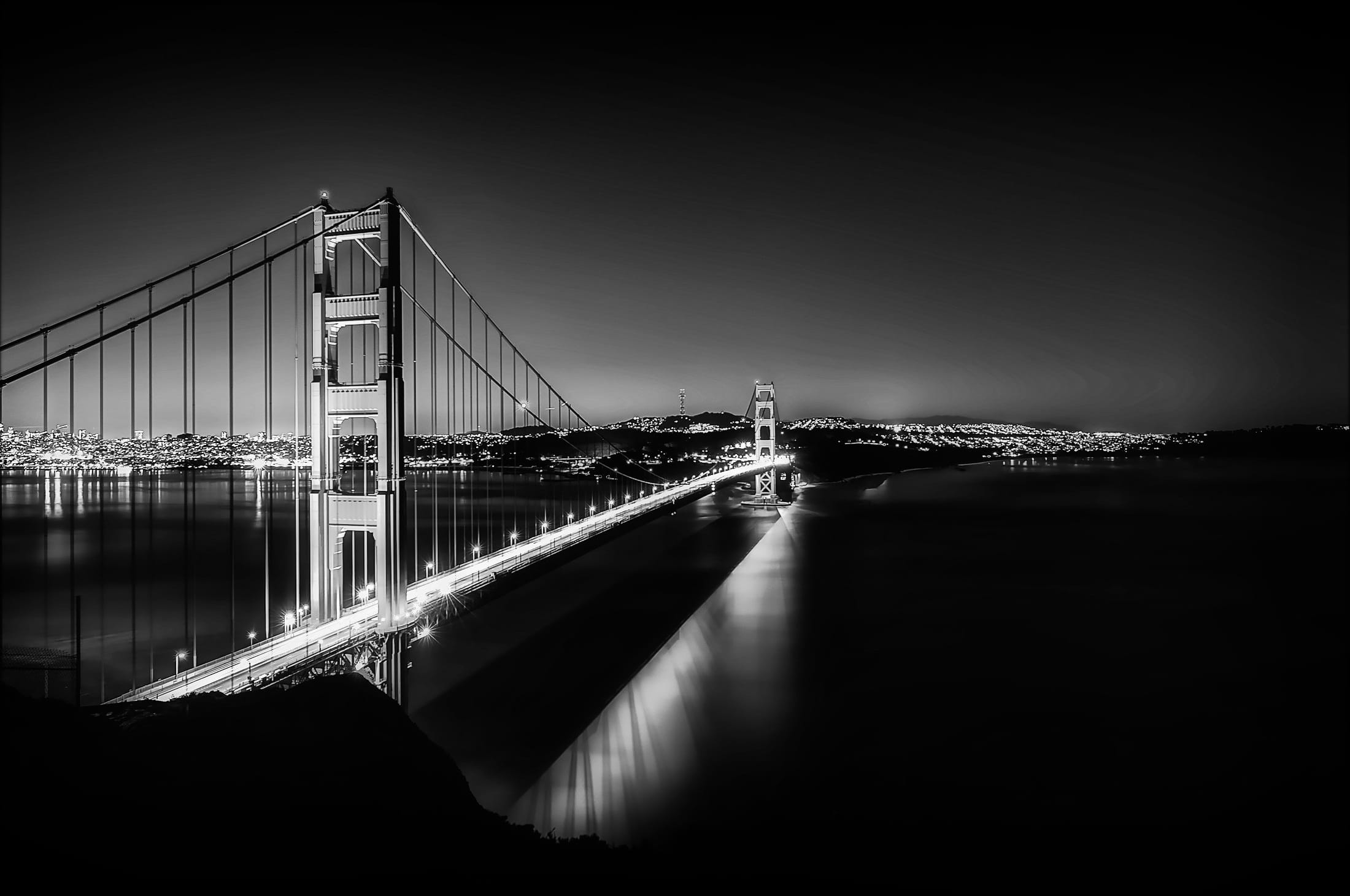 black And White, city by the bay, transportation, bridge, tourism, nature, outdoors, 1080P, connection, dusk, famous Place, night, bay, urban Skyline, HD Wallpaper