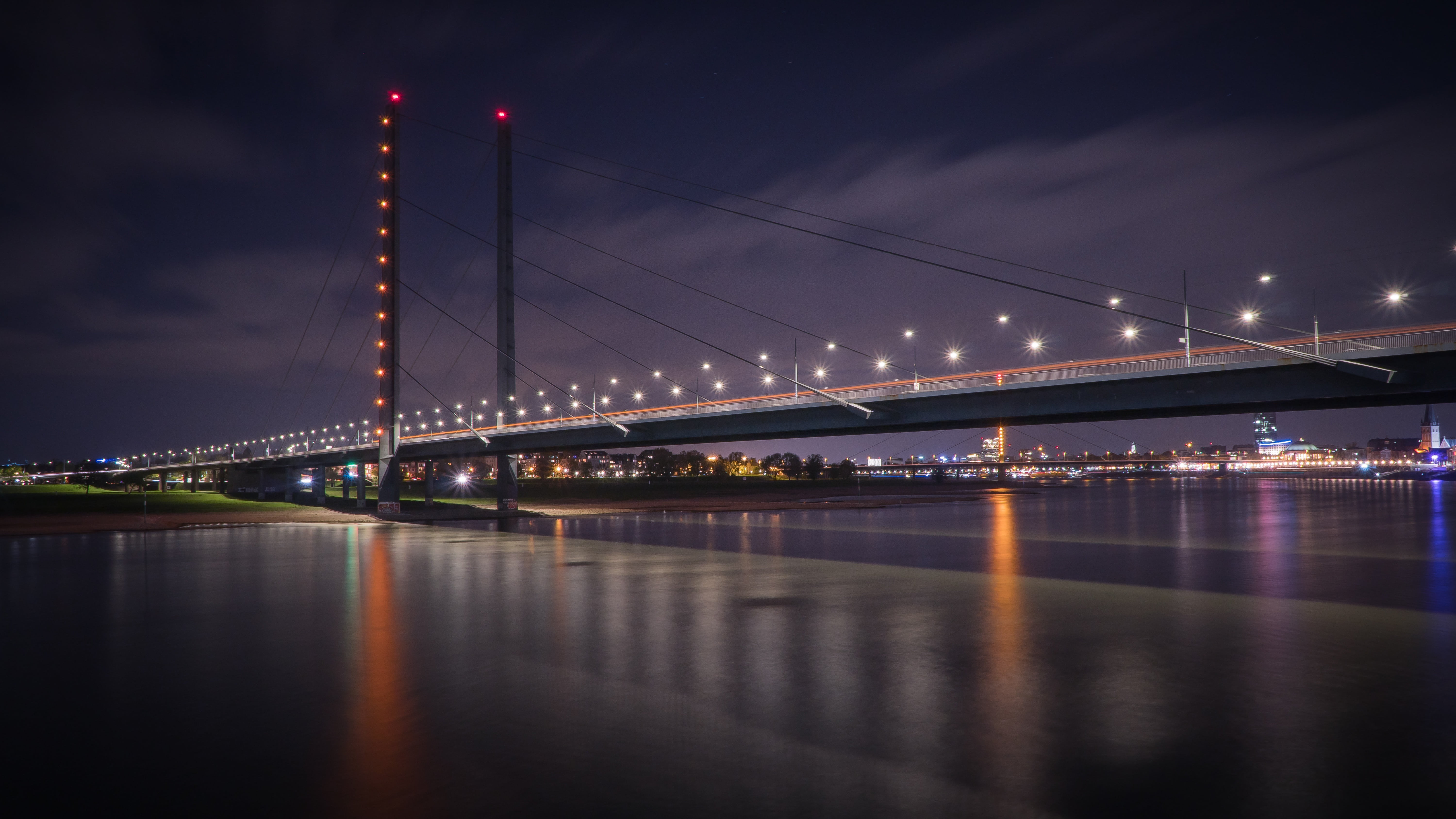 construction, transportation, enormous, rhine, long exposure, strong, suspension bridge, bridge, gray, knee bridge, illuminated, no people, light, rheinbrücke, HD Wallpaper