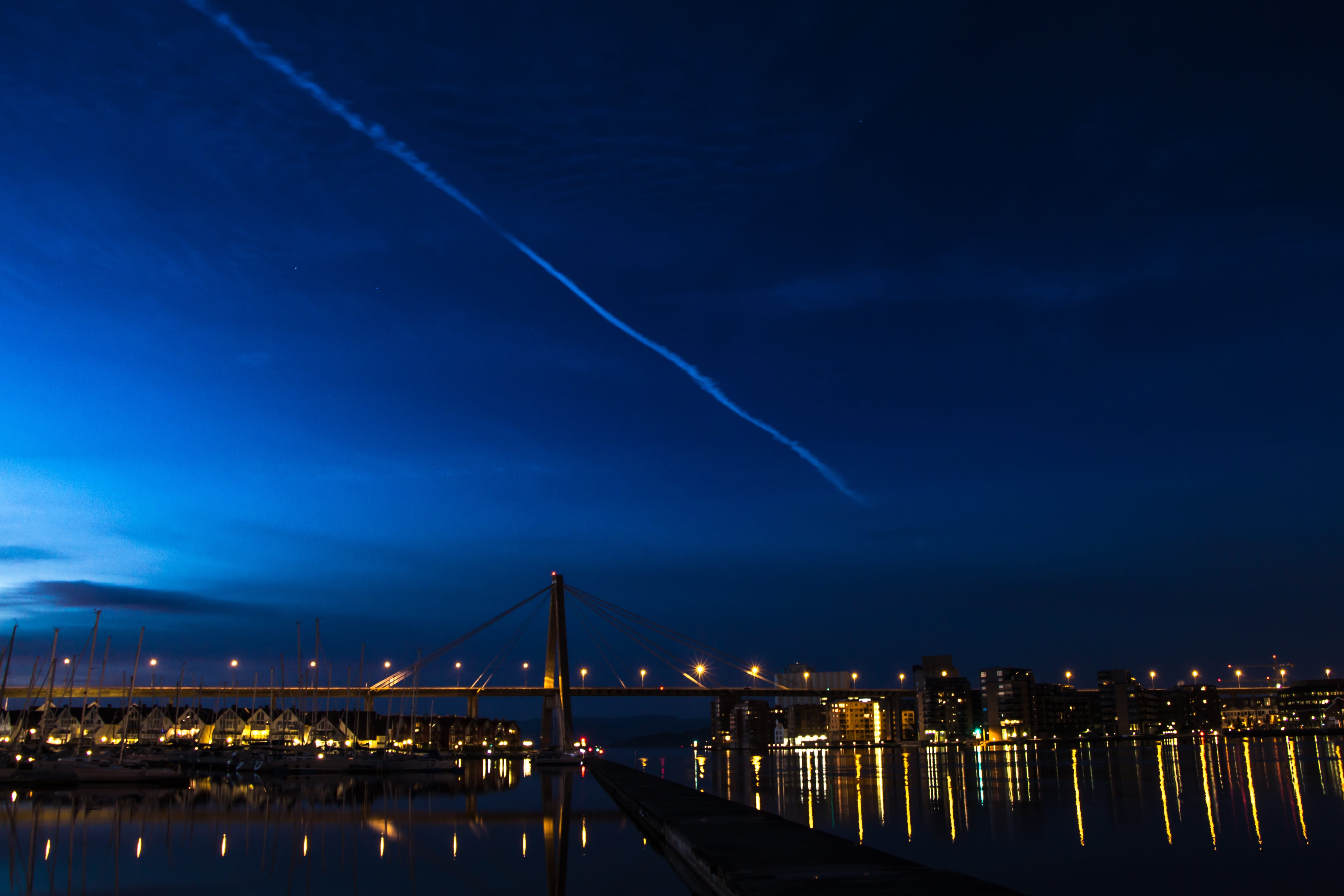 norway, city, sunset, light, views, connection, bridge - Man Made Structure, clouds, nature, Outdoors, transportation, nice, stars, orange, illuminated, HD Wallpaper