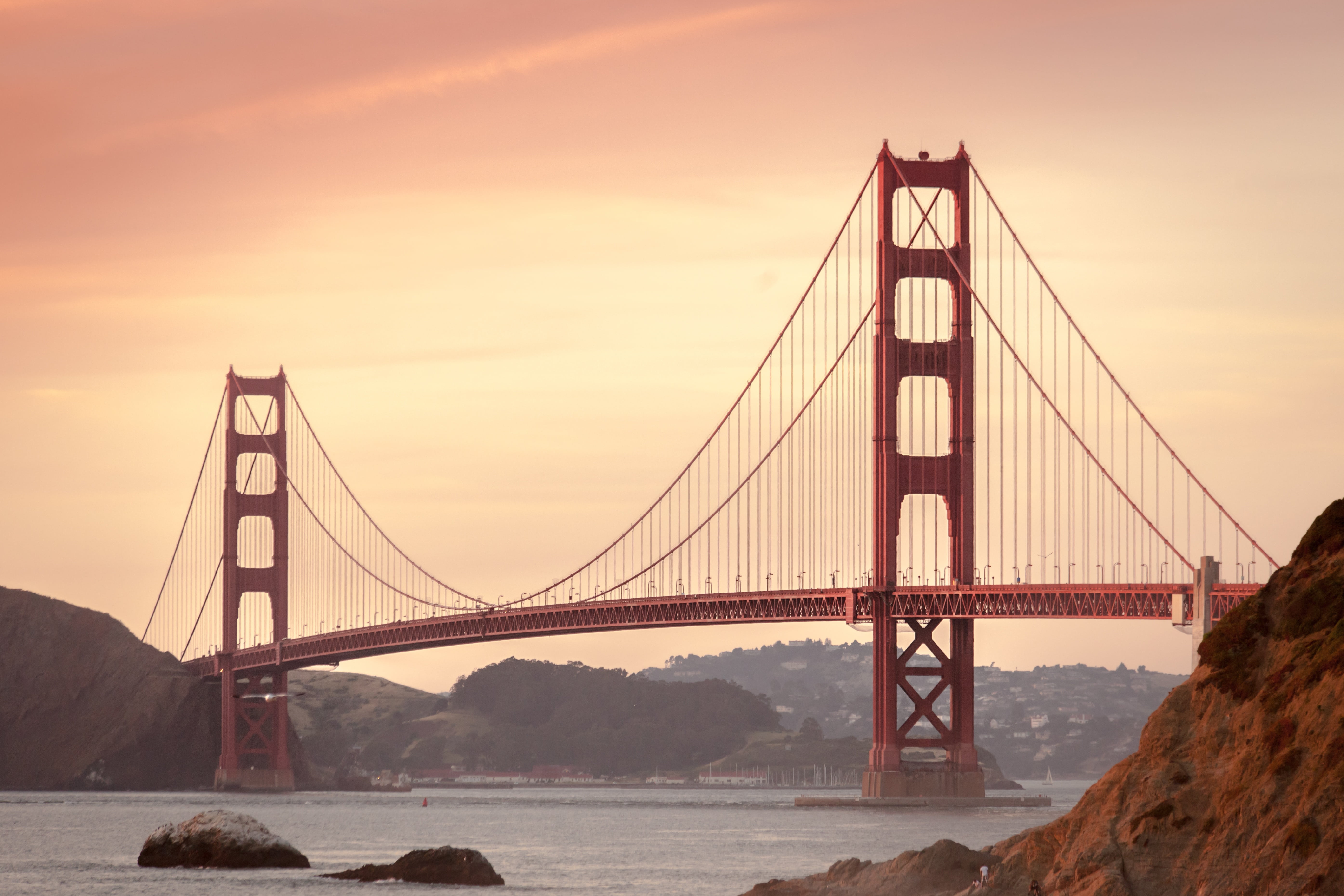 united states, river, sunset, architecture, landmark, bridge, golden, long, connection, gate, suspension bridge, sky, mountains, travel destinations, built structure, HD Wallpaper