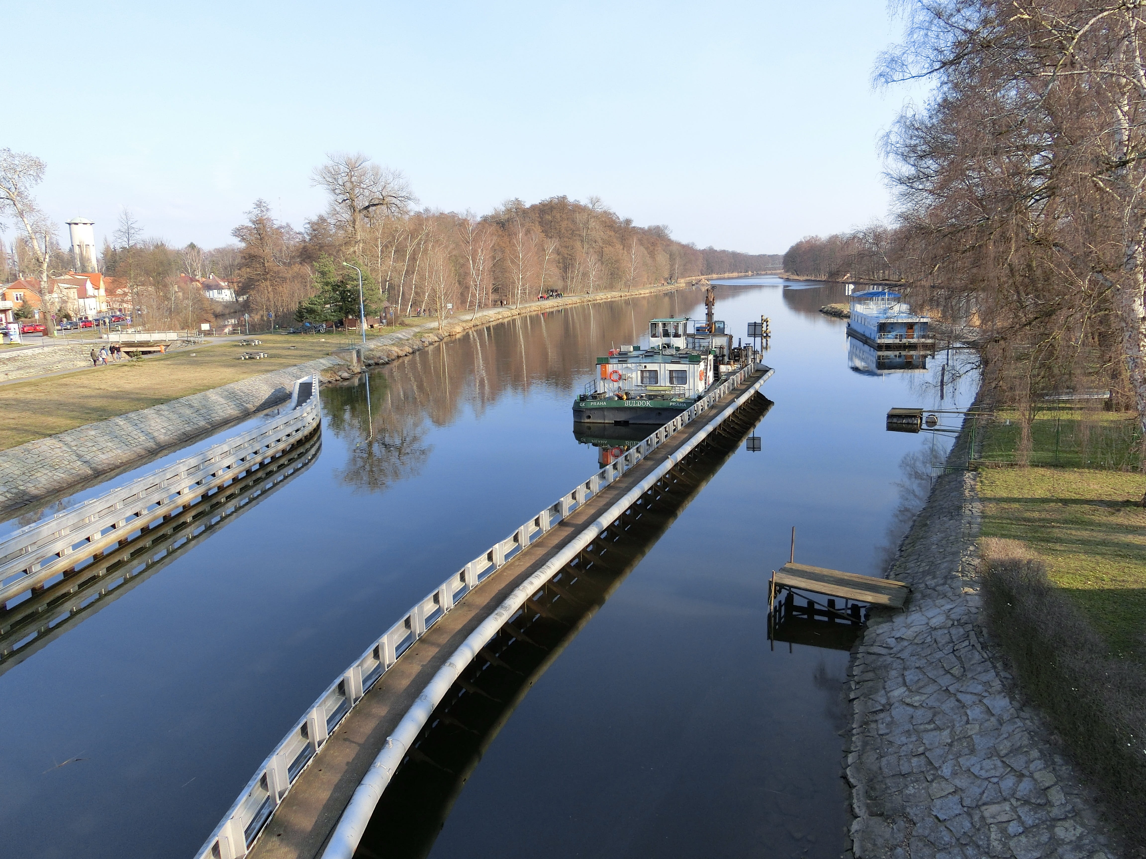 canal, channel, plant, high angle view, ship, day, river, outdoors, no people, mode of transportation, blue, tree, Ship, czech republic, Channel, sky, architecture, HD Wallpaper