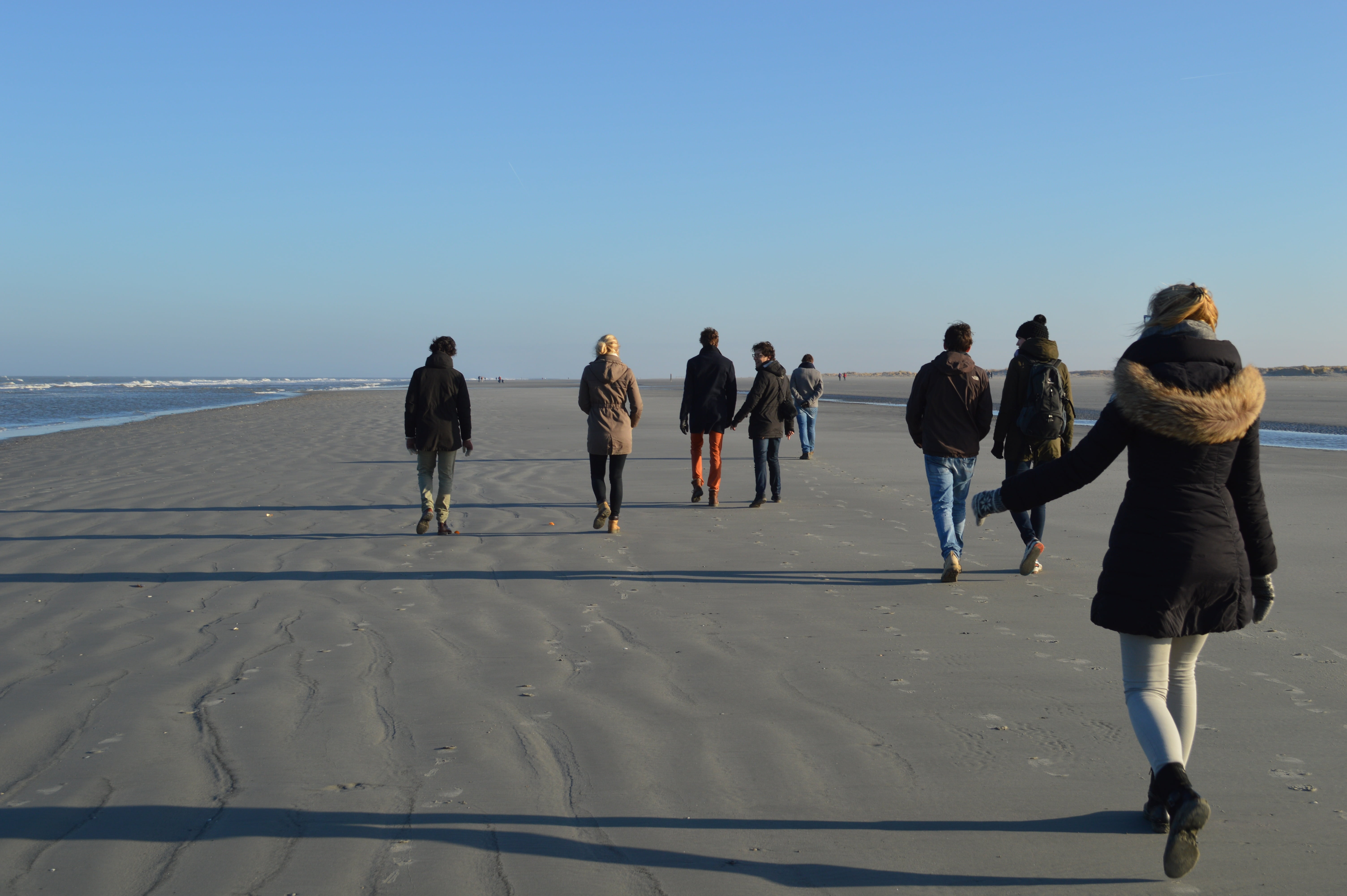 5K, outdoors, friends, city ​​walk, walking, beach, sky, rear view, west frisian, nature, full length, men, warm clothing, shadow, adult, women, winter, HD Wallpaper