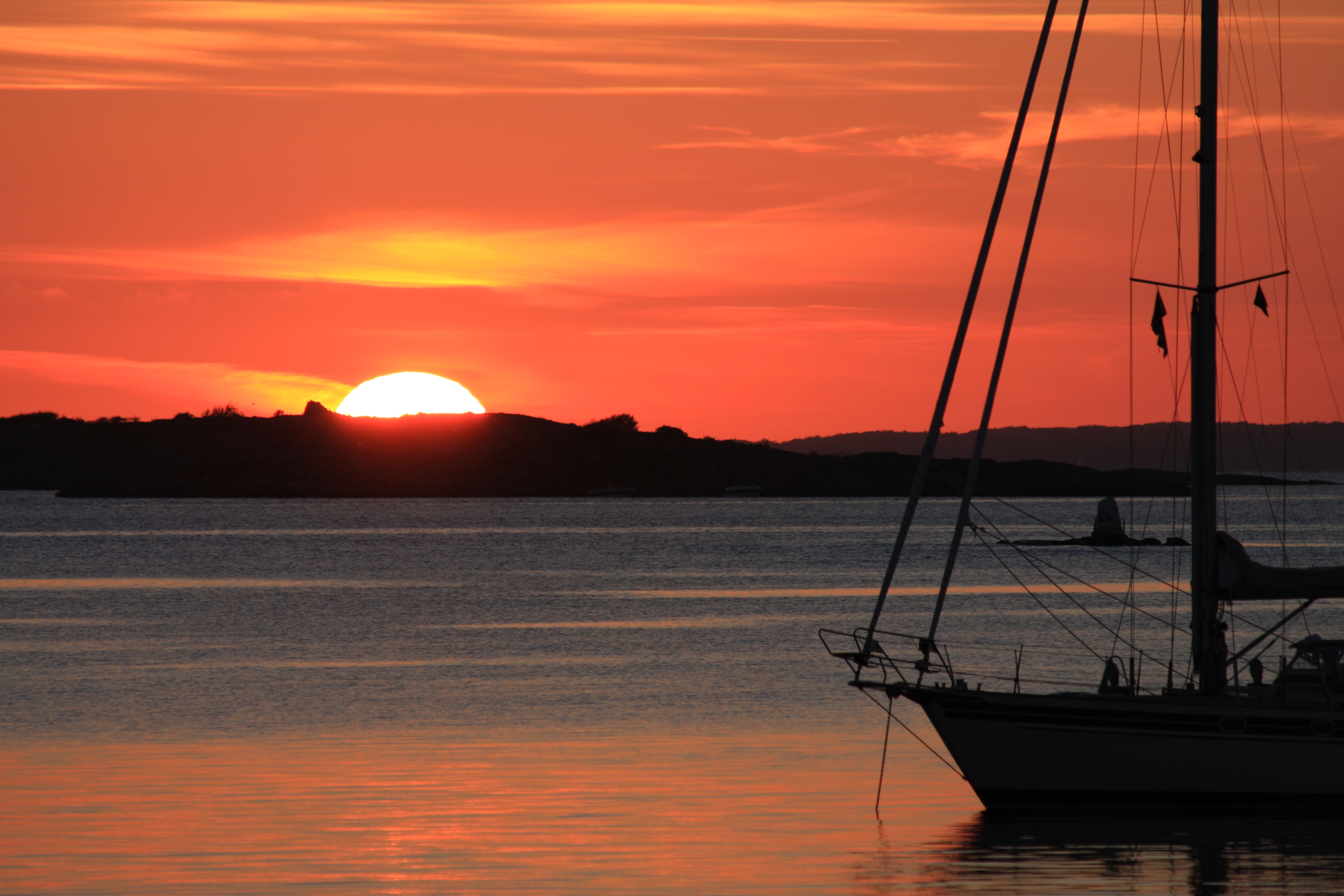 sun, holiday, red, landscape, scenics - nature, calm, reflection, sailboat, atmospheric, transportation, sea, evening, cloud - sky, dusk, 4K, romantic, HD Wallpaper