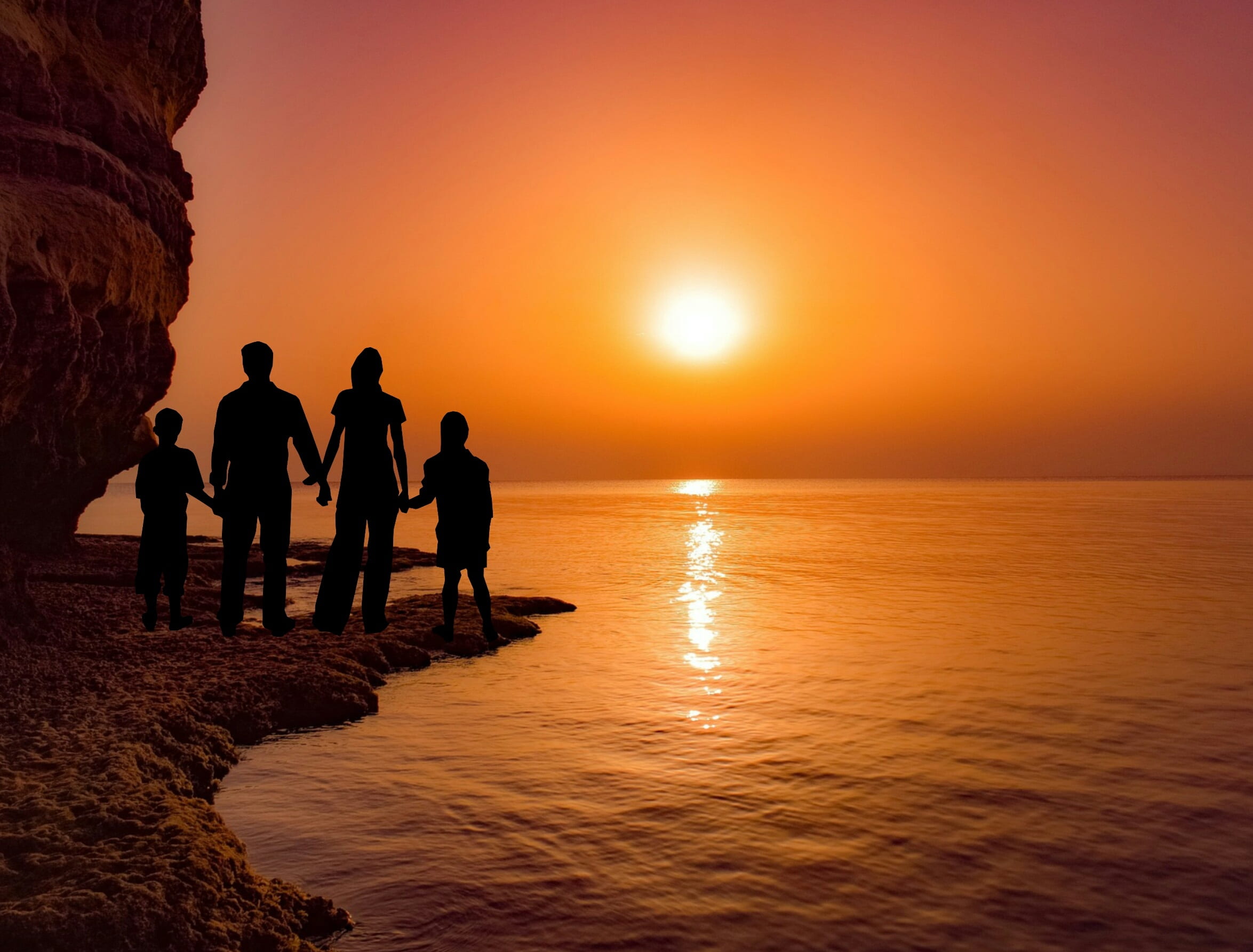 together, sea, evening, beach, standing, land, silhouette, real people, joy, horizon, lifestyles, outdoors, landscape, colorful, cyprus, bliss, water, orange color, HD Wallpaper