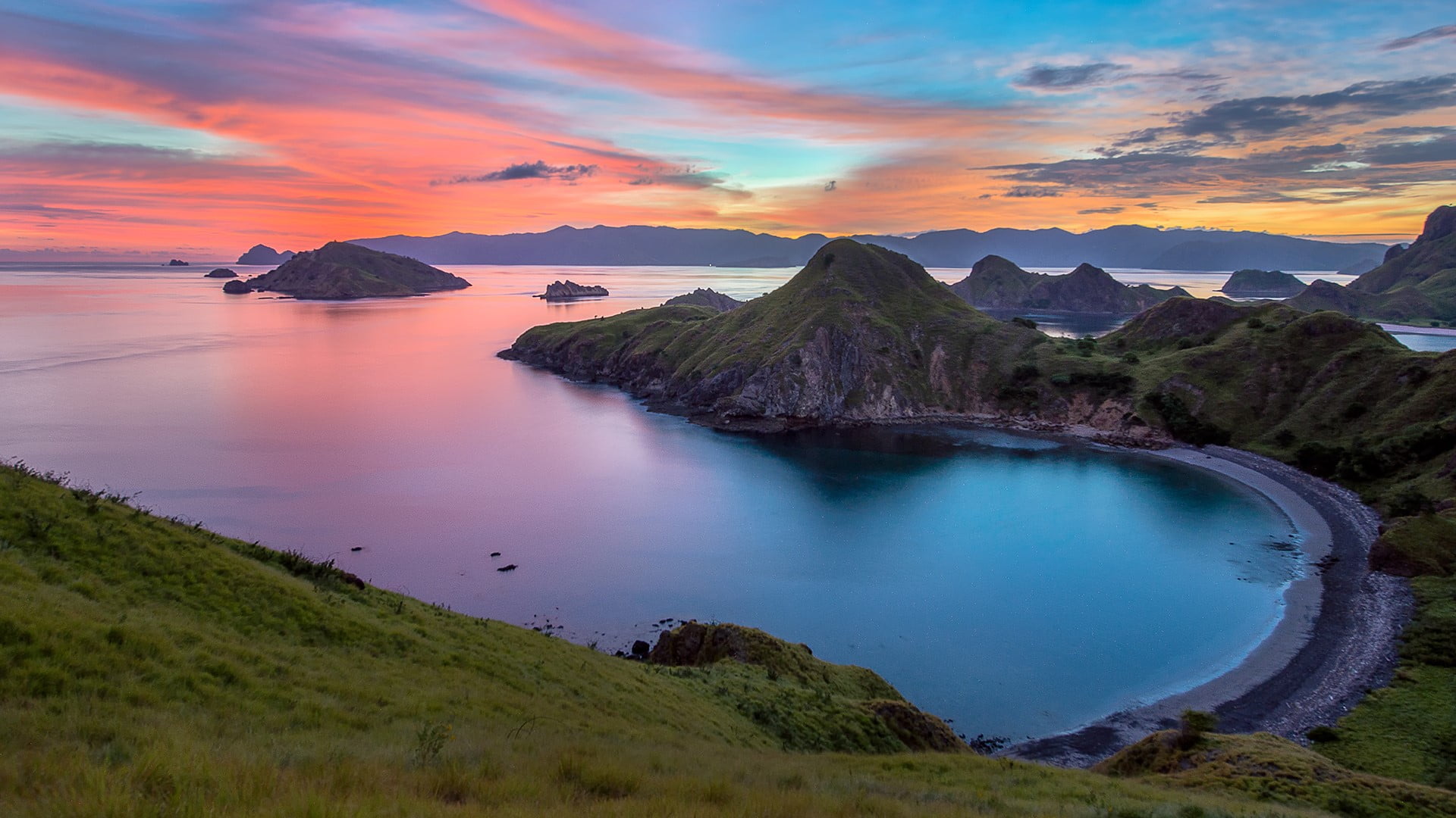 nature, mountains, Indonesia, sky, landscape, 1080P, sea, sunset, grass, Komodo National Park, coast, clouds, HD Wallpaper