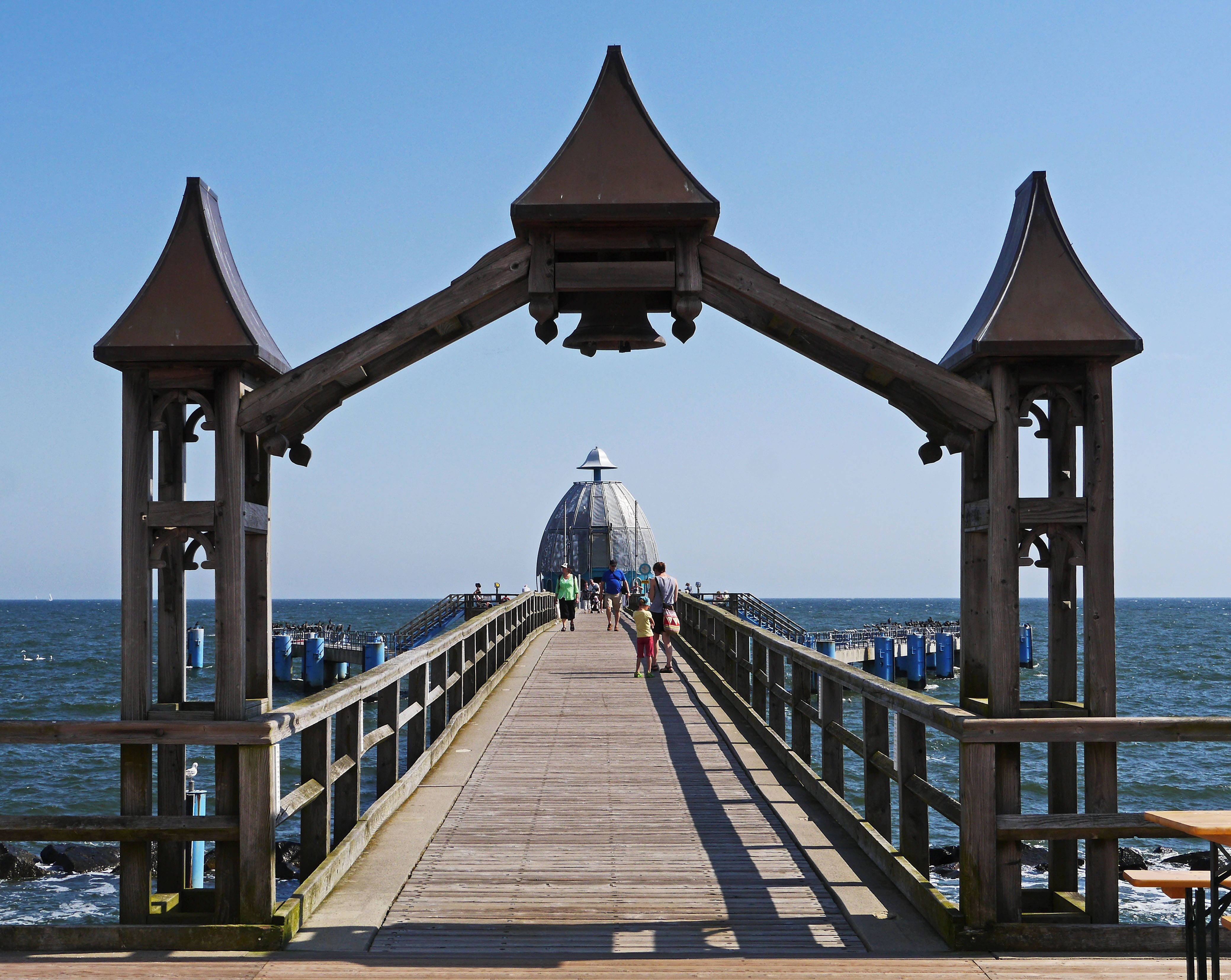 direction, pillar, horizon, water, day, sky, sellin, sea, architecture, diminishing perspective, clear sky, baltic sea, real people, rear view, incidental people, HD Wallpaper