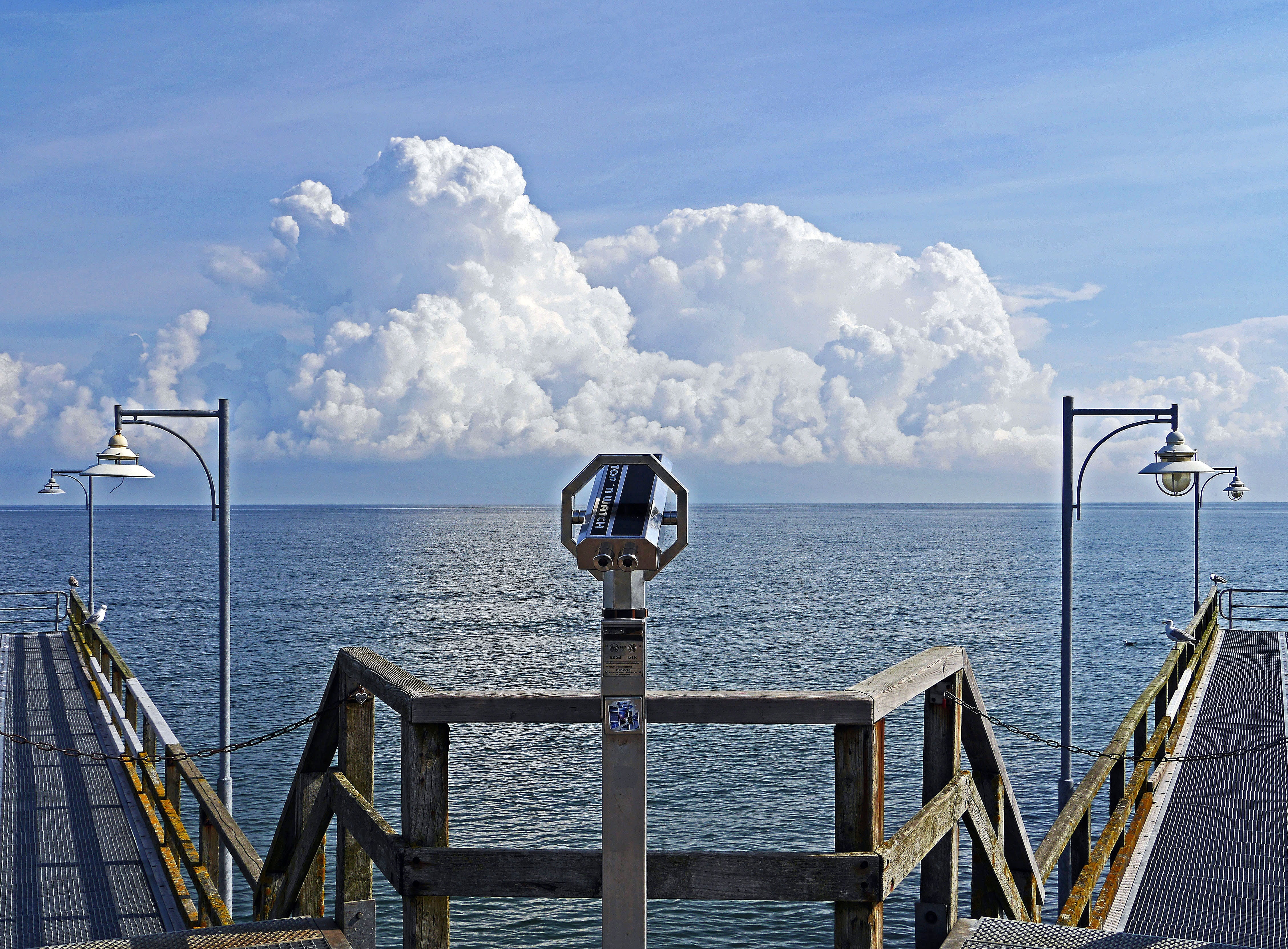 stairs, cumulus clouds, thunderstorm, weather observation, day, pier, wood, weather, nature, light, railing, surveillance, sunlight, blue, horizon, no people, HD Wallpaper
