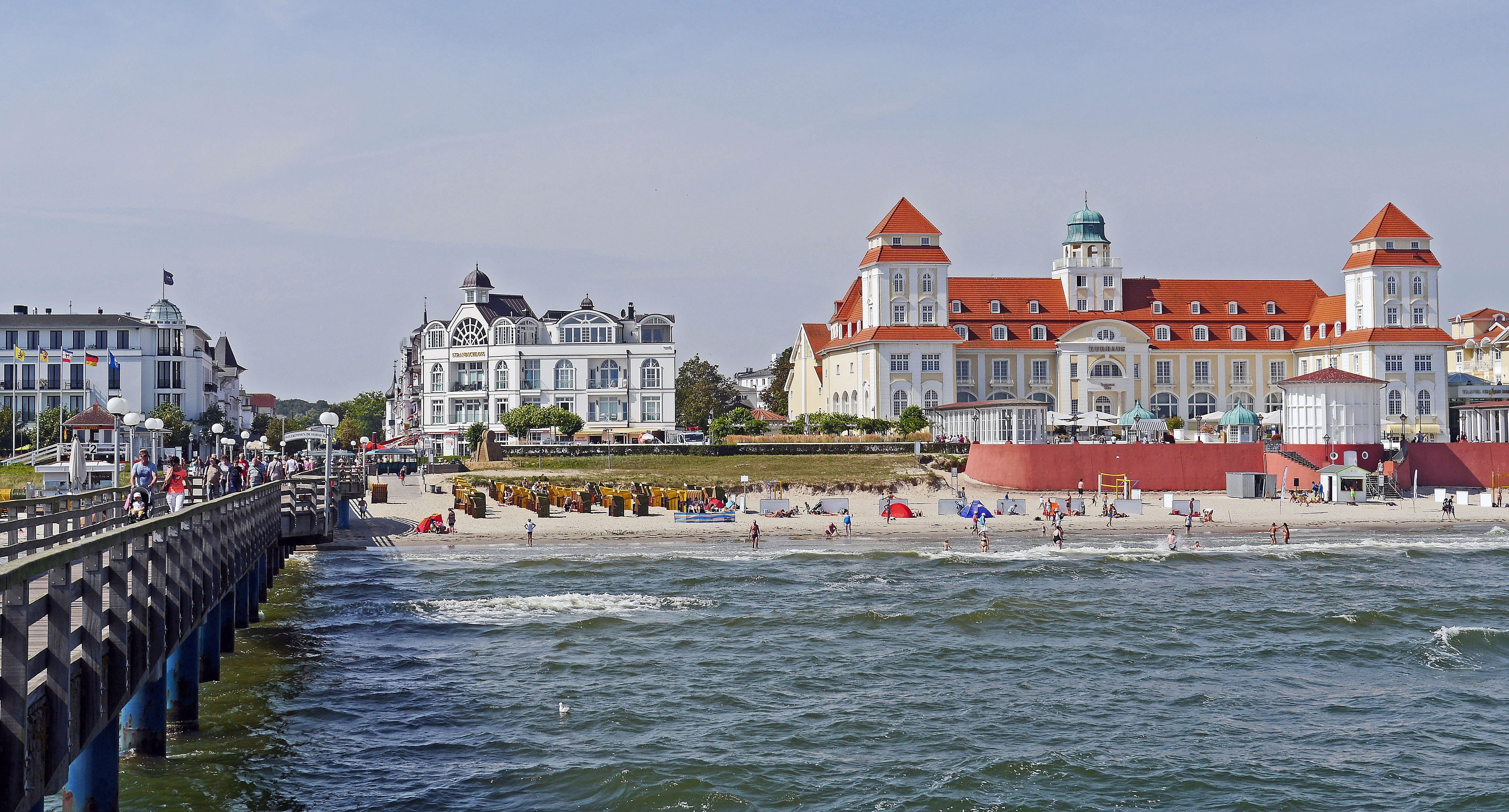 bath architecture, binz, water, connection, spa, hotel, outdoors, beach, rügen, sea bridge, river, day, sea, places of interest, building exterior, rügen island, HD Wallpaper