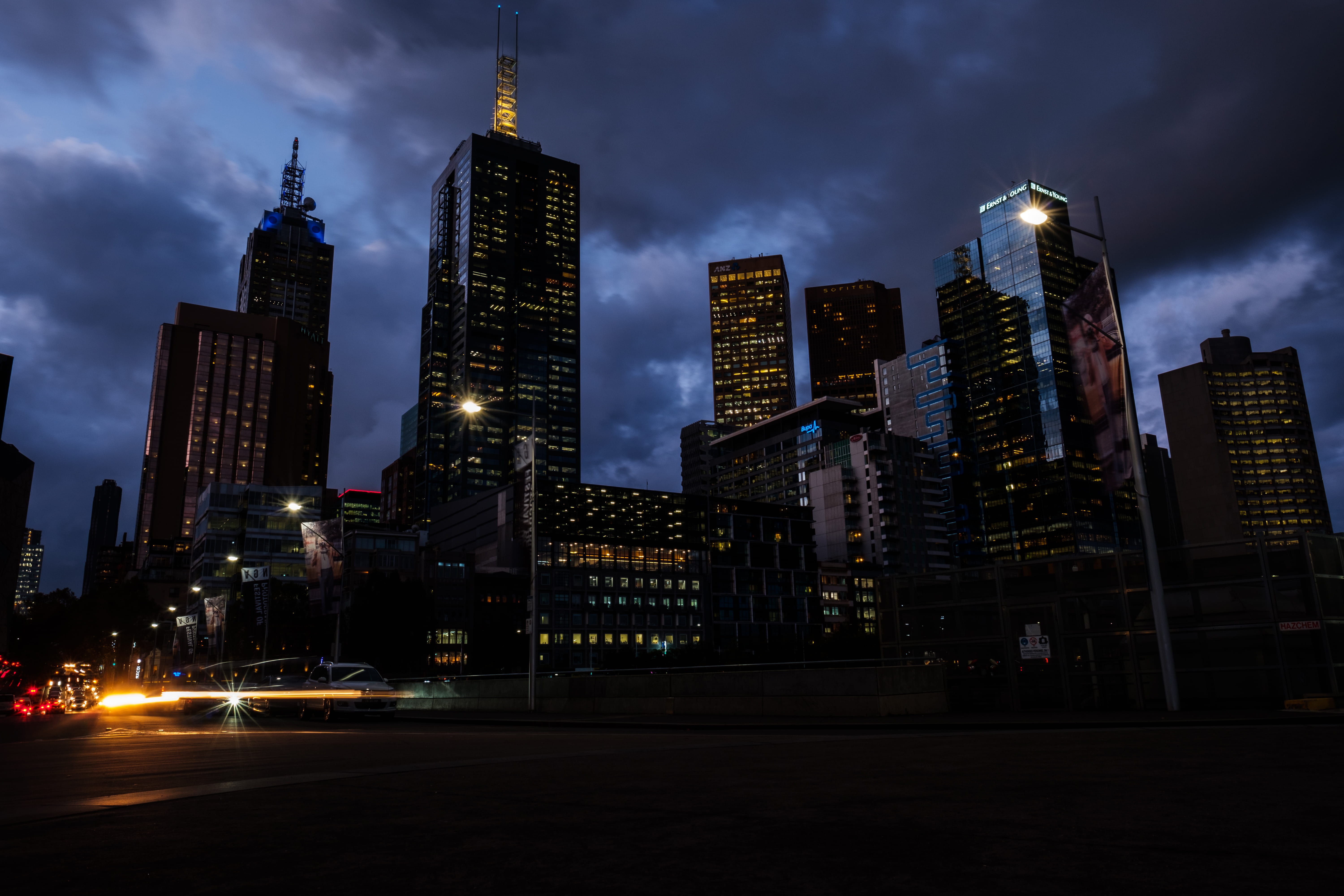 long exposure, cloud - sky, light, federation square, tall - high, tower, flinders st station, cityscape, 5K, no people, australia, xt2, cars, illuminated, HD Wallpaper