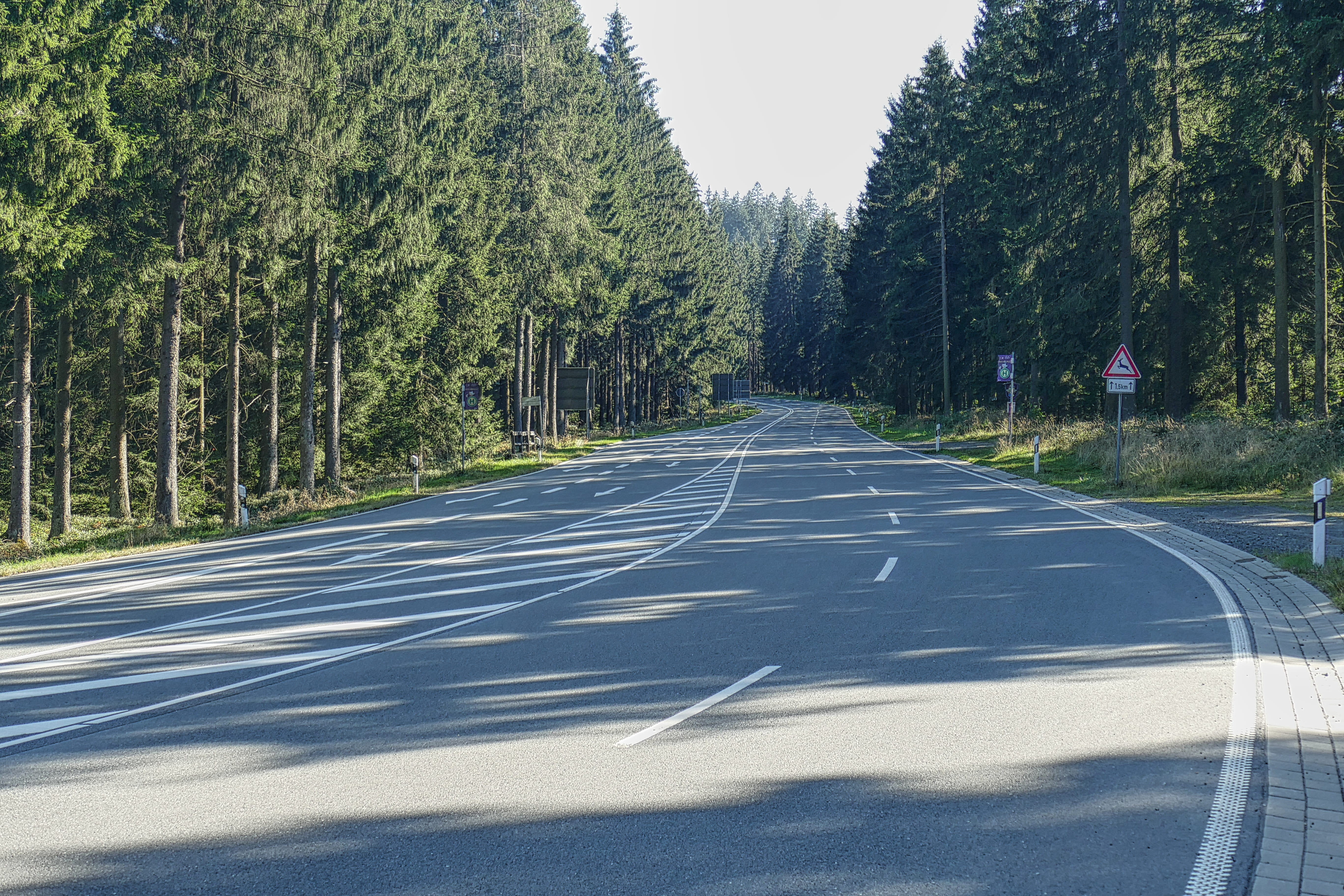 outdoors, road, highway, blue, beauty in nature, trees, transportation, no People, mode of transportation, 5K, tree, rural Scene, sign, diminishing perspective, HD Wallpaper